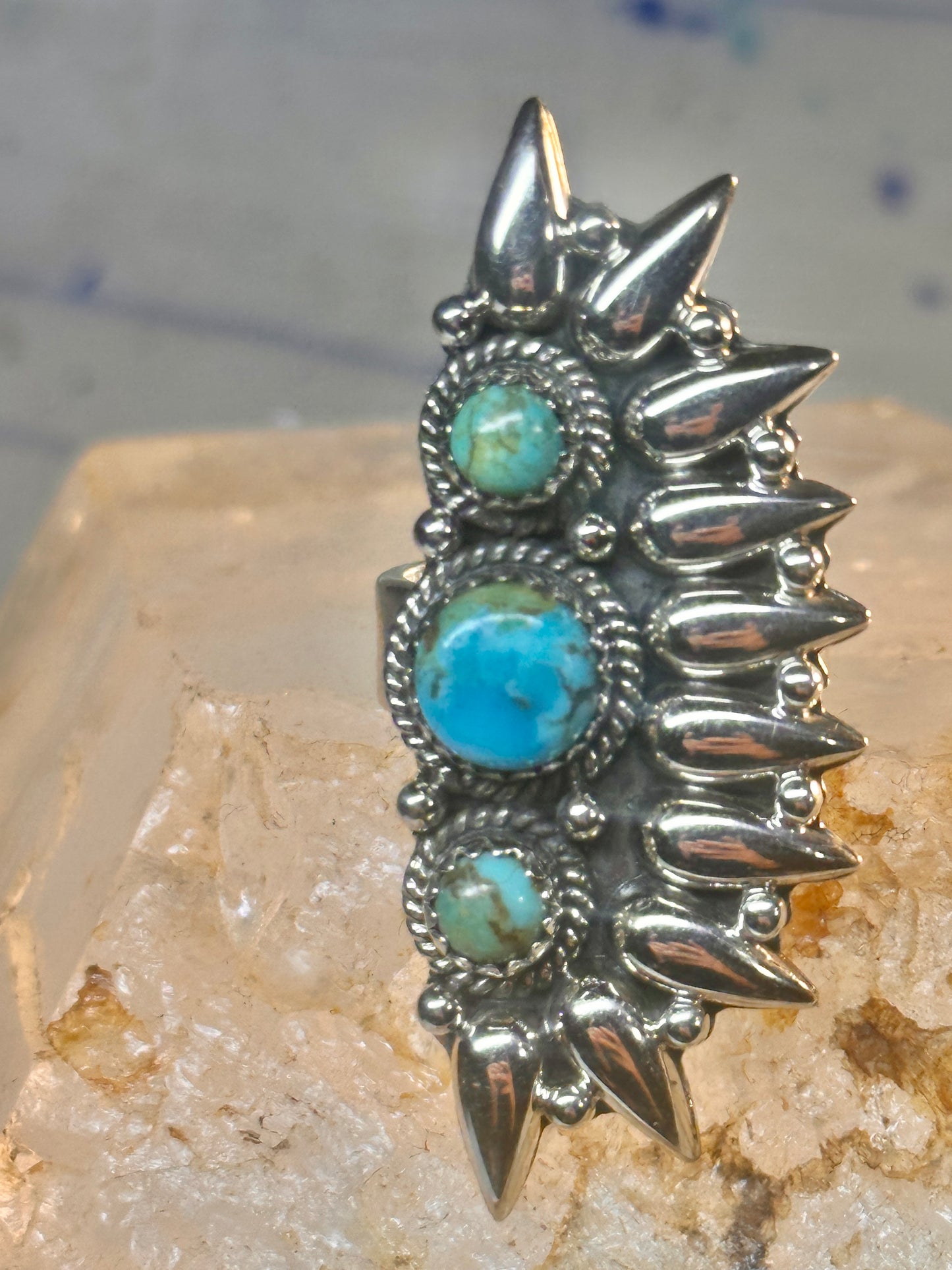 Long turquoise ring southwest size 7 Sterling silver women
