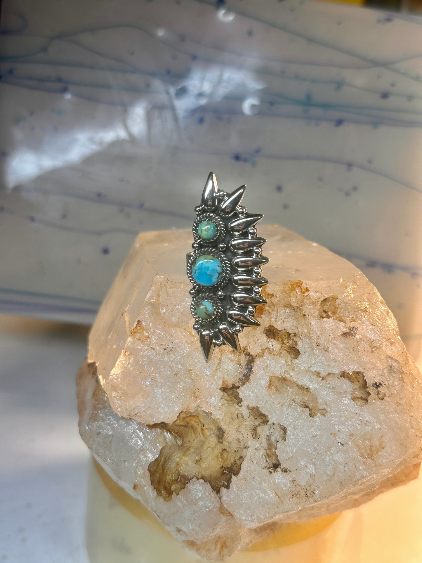 Long turquoise ring southwest size 7 Sterling silver women