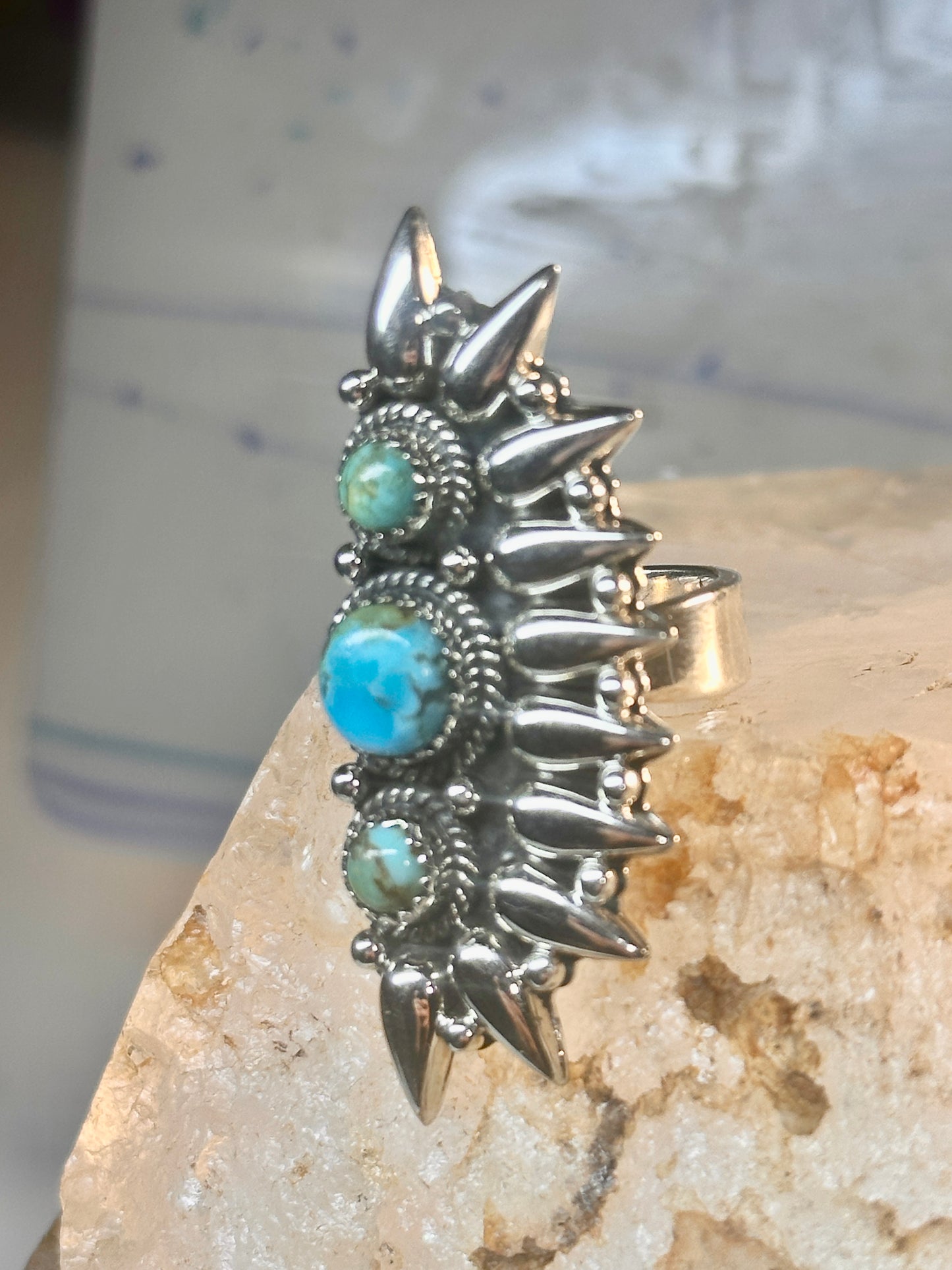 Long turquoise ring southwest size 7 Sterling silver women