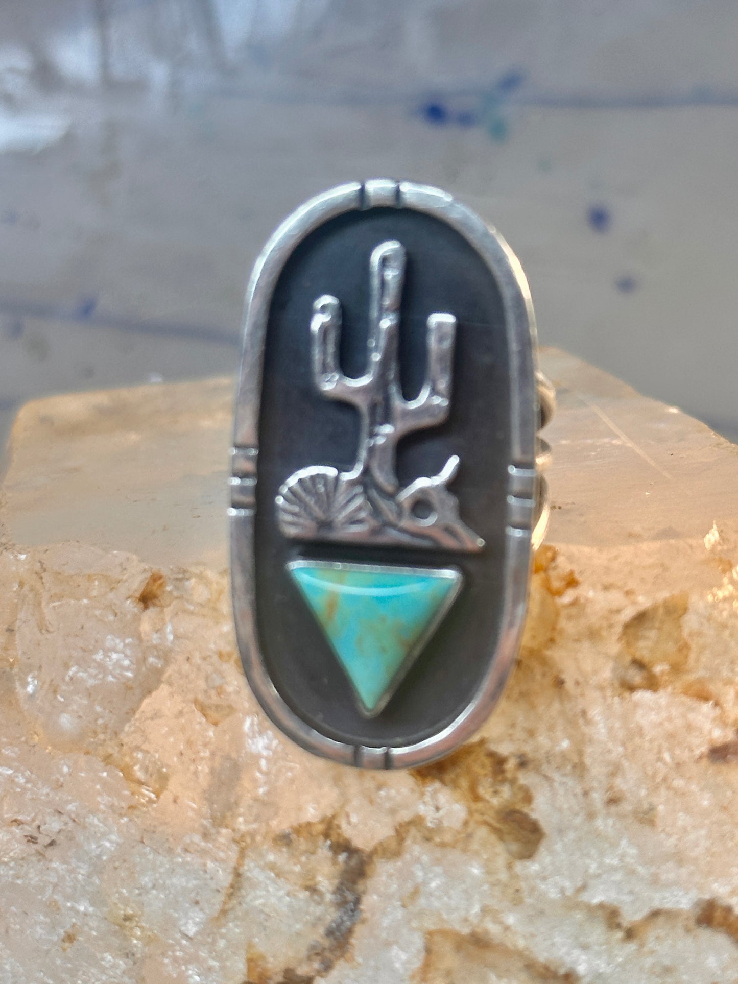 Long Saguaro Cactus ring bull skull turquoise ring Navajo size 7 Sterling silver women