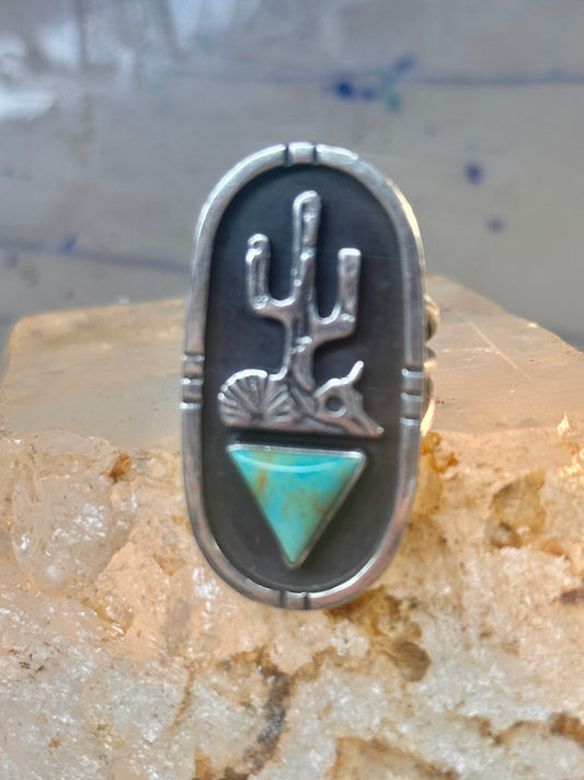 Long Saguaro Cactus ring bull skull turquoise ring Navajo size 7 Sterling silver women