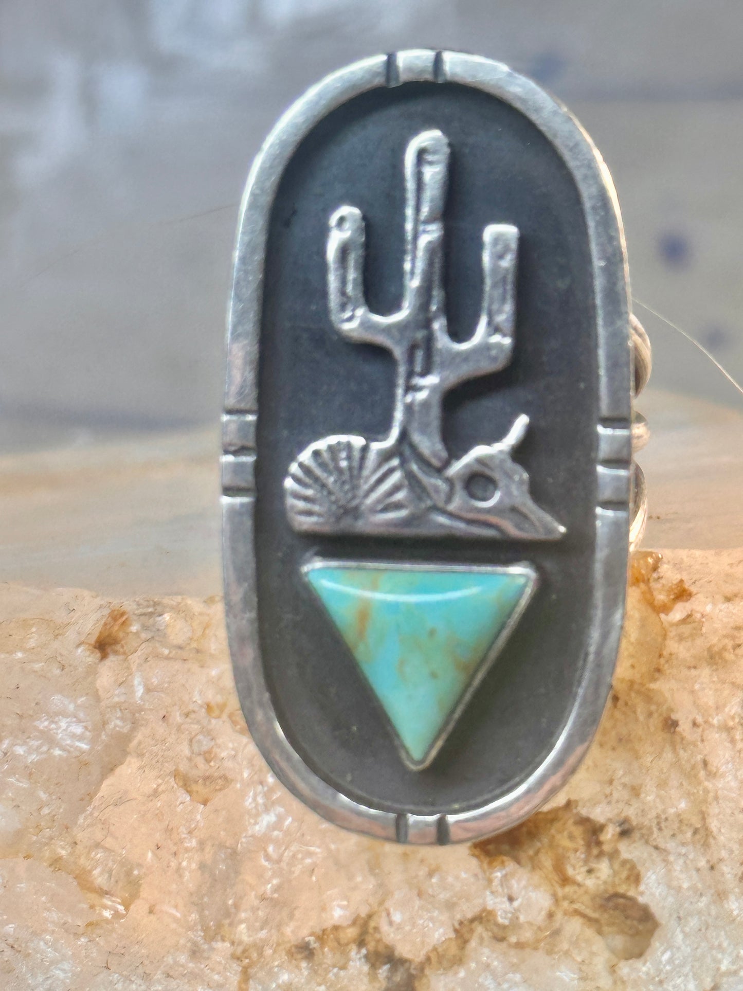 Long Saguaro Cactus ring bull skull turquoise ring Navajo size 7 Sterling silver women