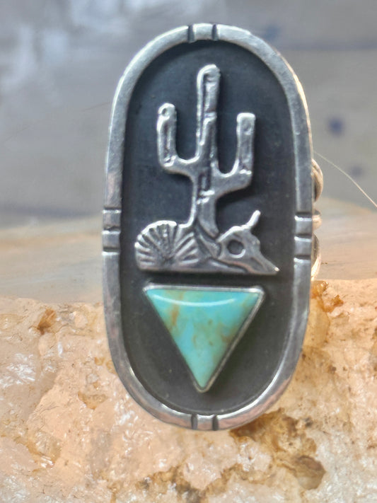 Long Saguaro Cactus ring bull skull turquoise ring Navajo size 7 Sterling silver women