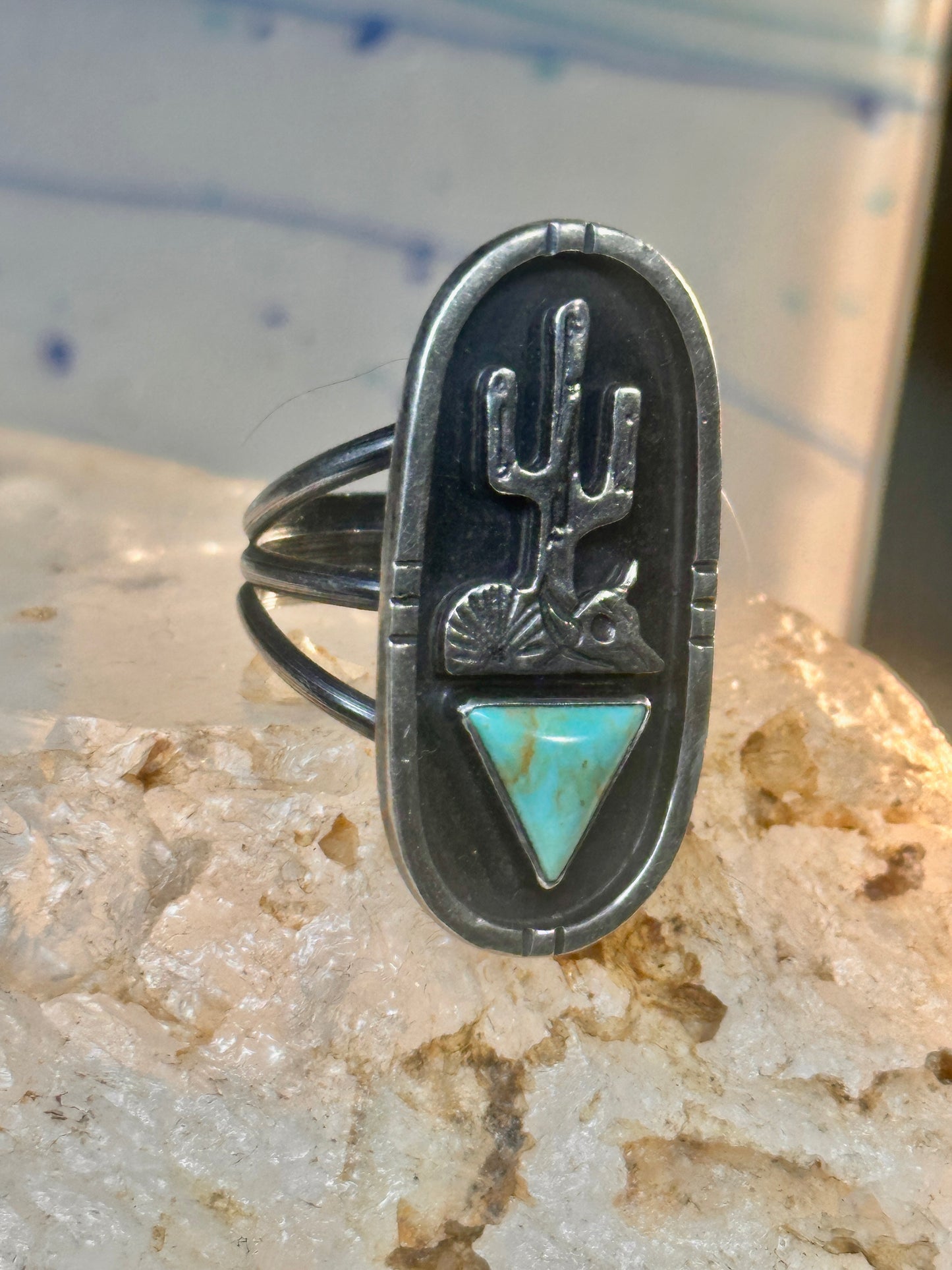 Long Saguaro Cactus ring bull skull turquoise ring Navajo size 7 Sterling silver women