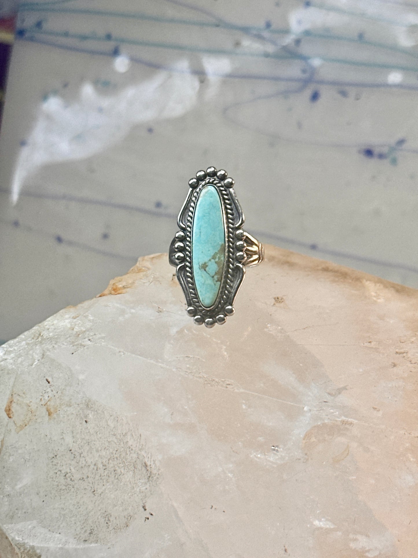 Long Navajo ring turquoise southwest size 6 Sterling silver women girls