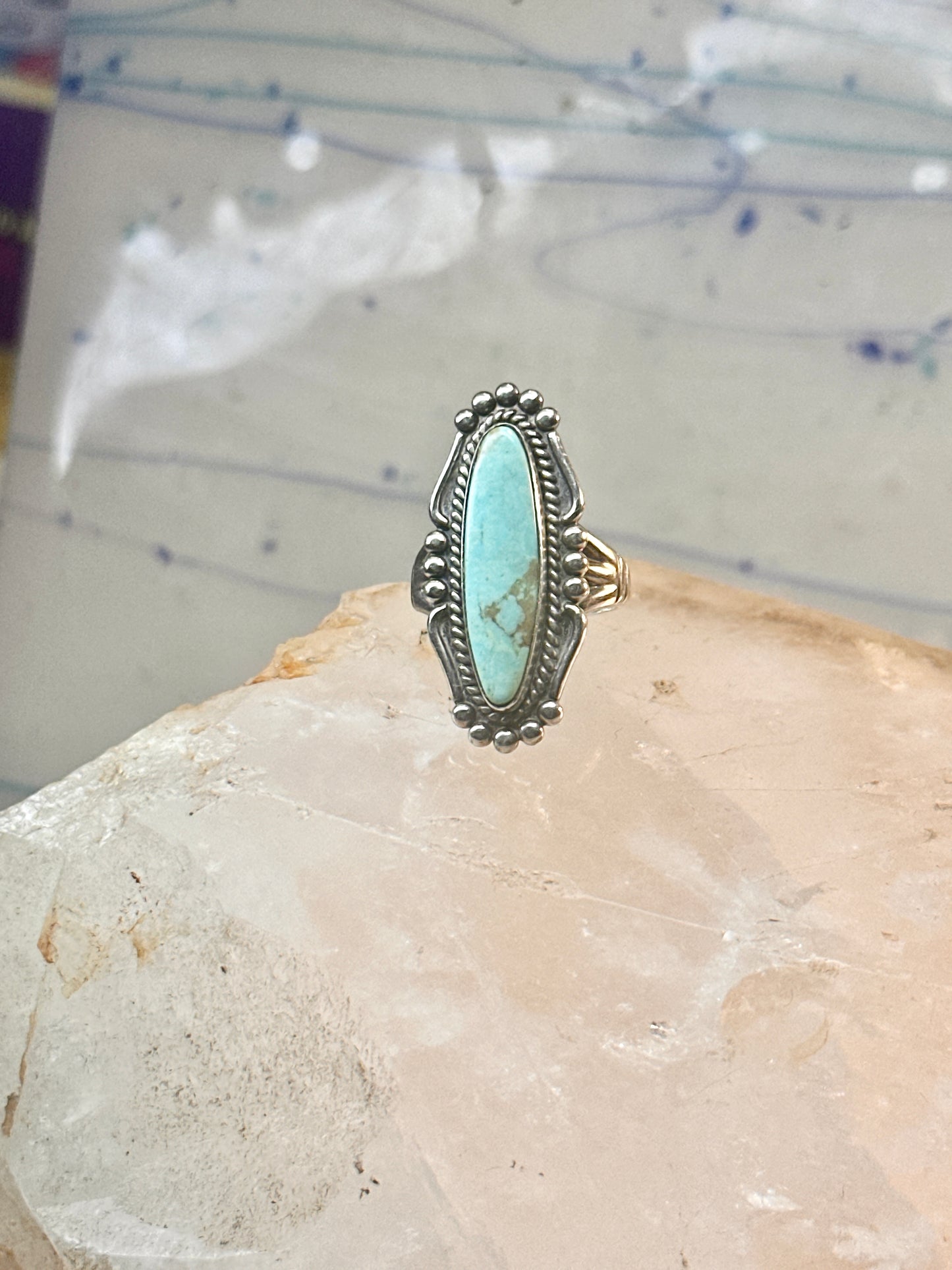 Long Navajo ring turquoise southwest size 6 Sterling silver women girls