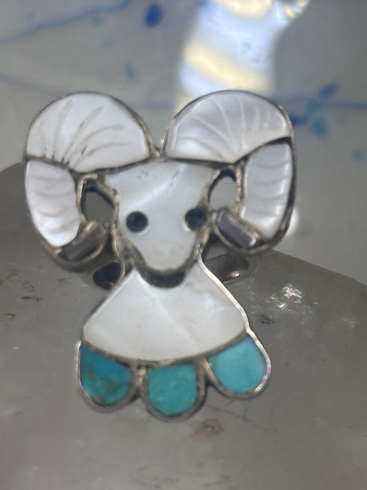 Ram ring by Joe Zunie Zuni leaf feather Turquoise MOP size 5 sterling silver women men