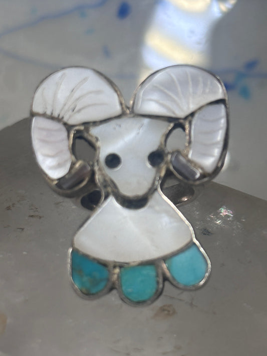 Ram ring by Joe Zunie Zuni leaf feather Turquoise MOP size 5 sterling silver women men