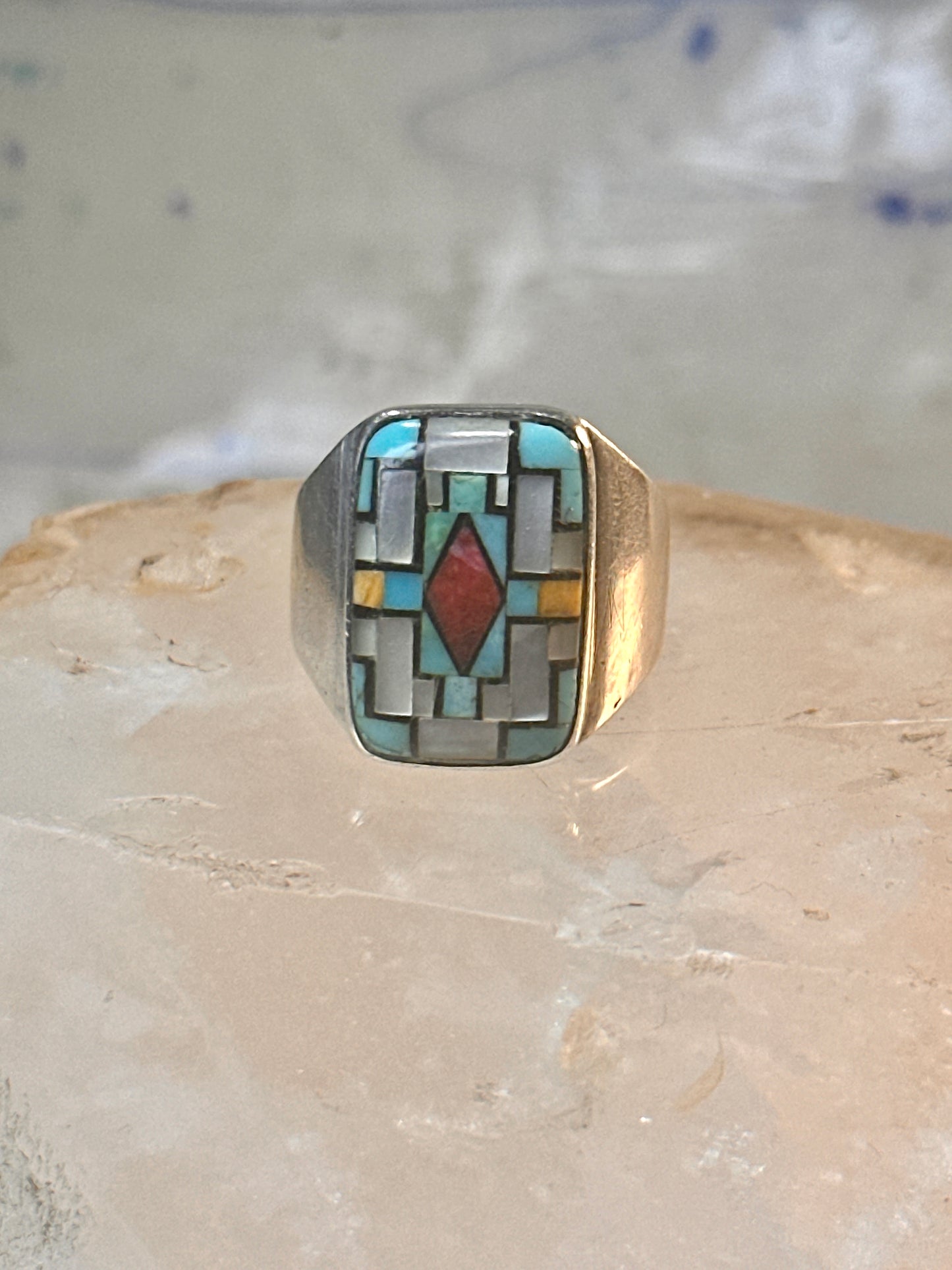 Zuni ring Angelina Laahty sun turquoise coral MOP Jet size 11.75 Sterling silver women men