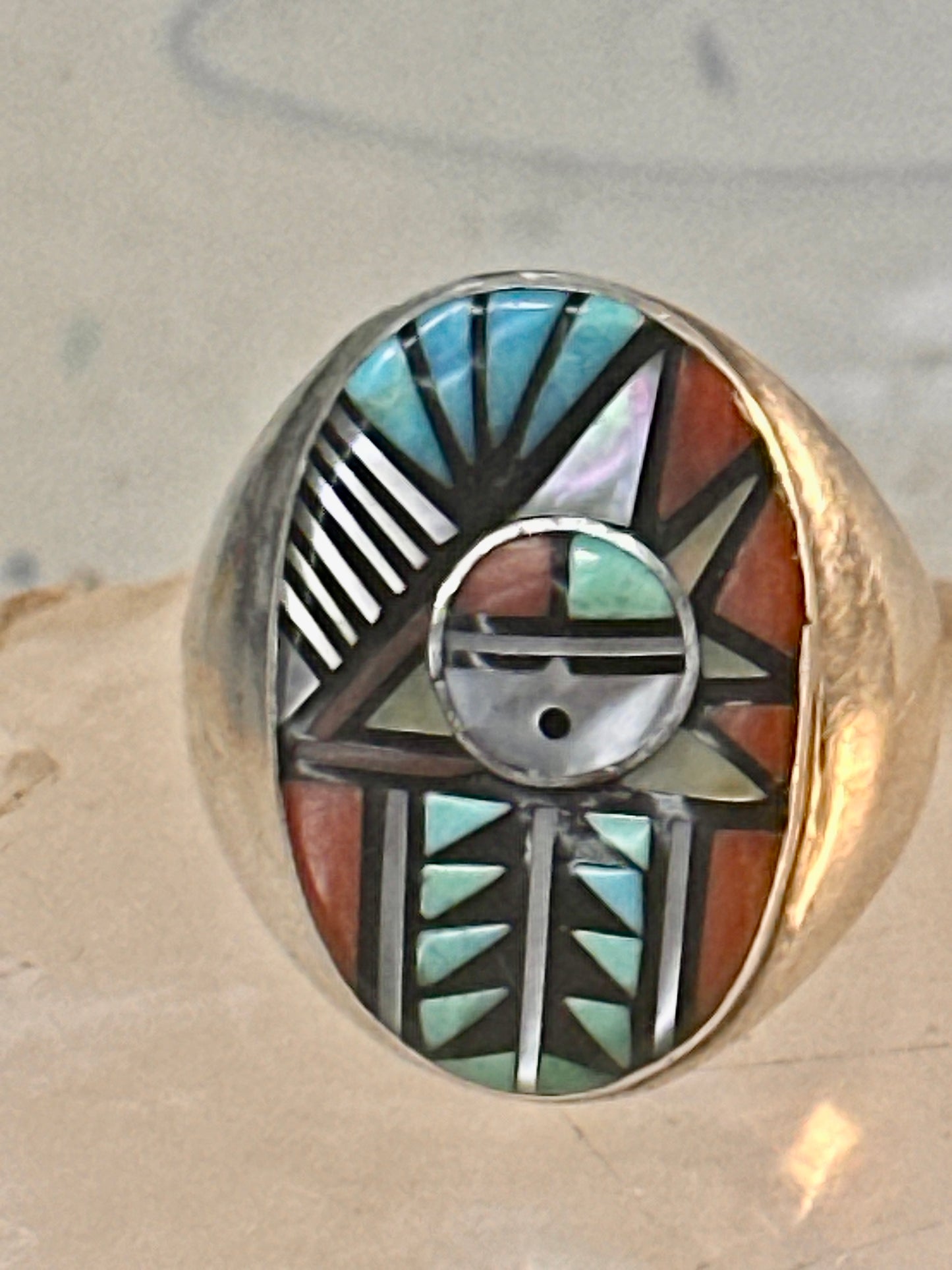 Zuni ring Angelina Laahty sun turquoise coral MOP Jet size 11.75 Sterling silver women men