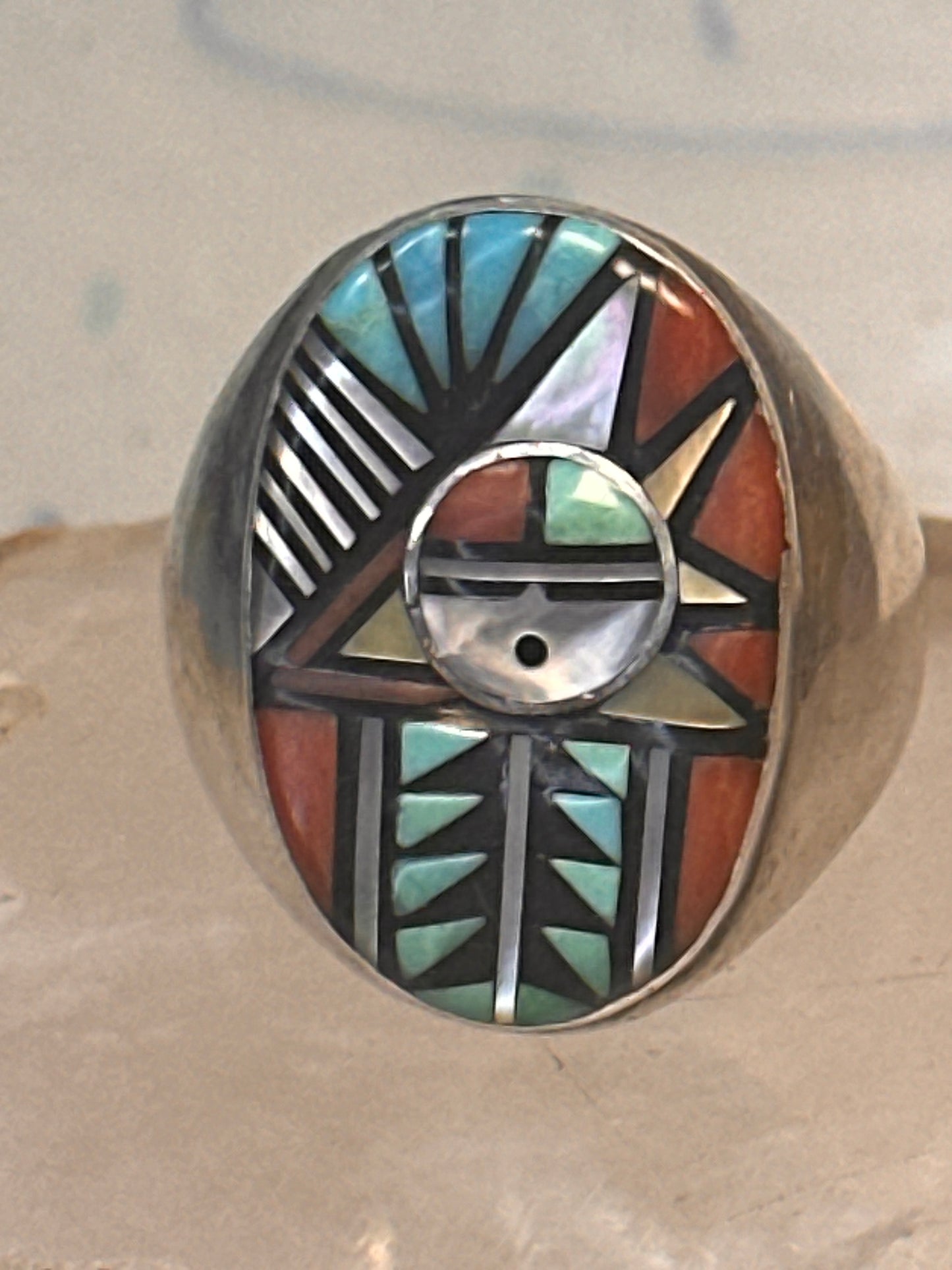 Zuni ring Angelina Laahty sun turquoise coral MOP Jet size 11.75 Sterling silver women men