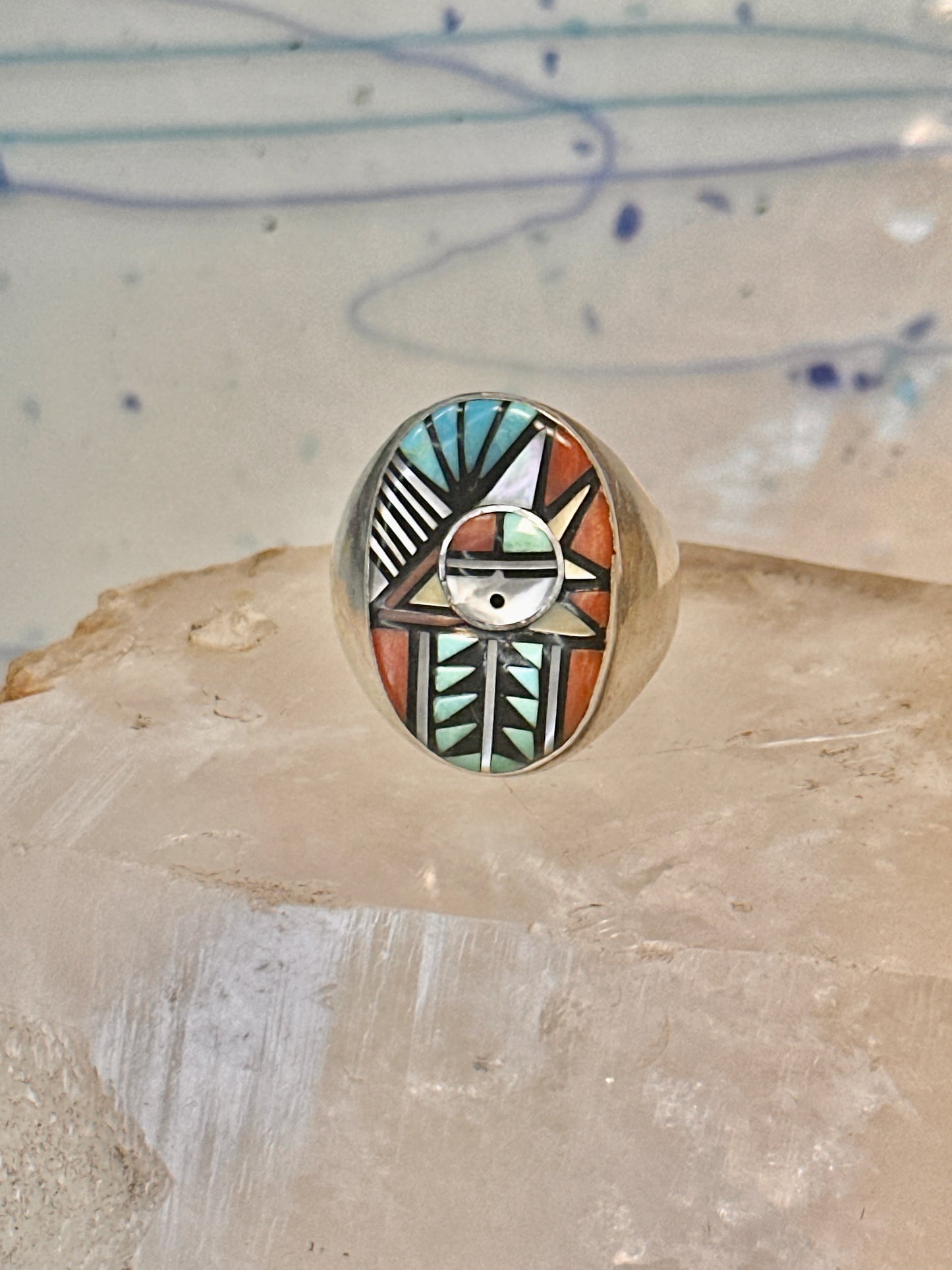 Zuni ring Angelina Laahty sun turquoise coral MOP Jet size 11.75 Sterling silver women men