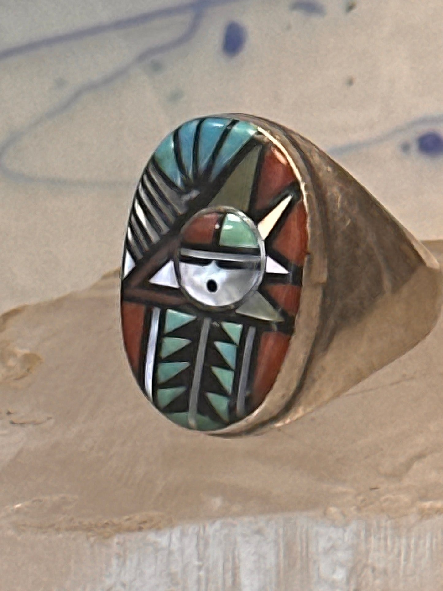 Zuni ring Angelina Laahty sun turquoise coral MOP Jet size 11.75 Sterling silver women men