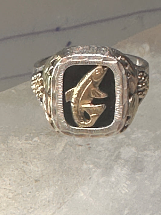 Black Hills Gold ring fish salmon? fishermen onyx size 11 sterling silver men women