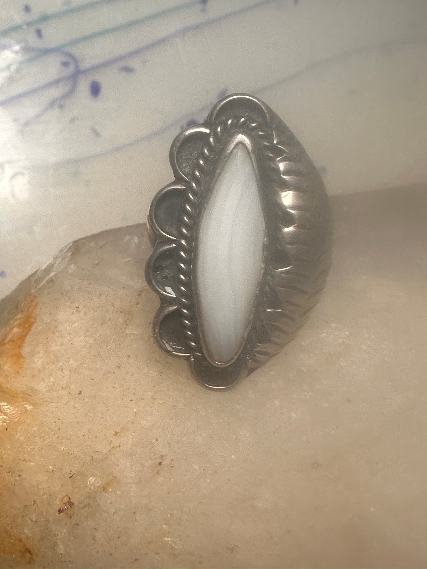 Long agate ring Navajo leaf leaves Size 8.25 sterling silver women