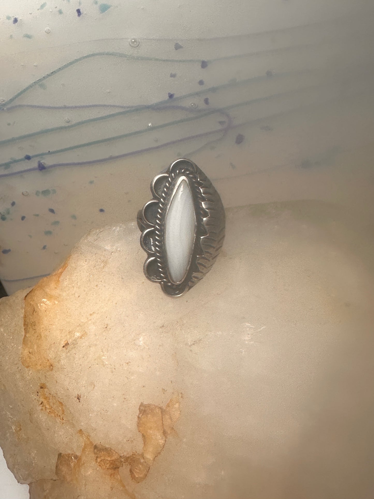 Long agate ring Navajo leaf leaves Size 8.25 sterling silver women