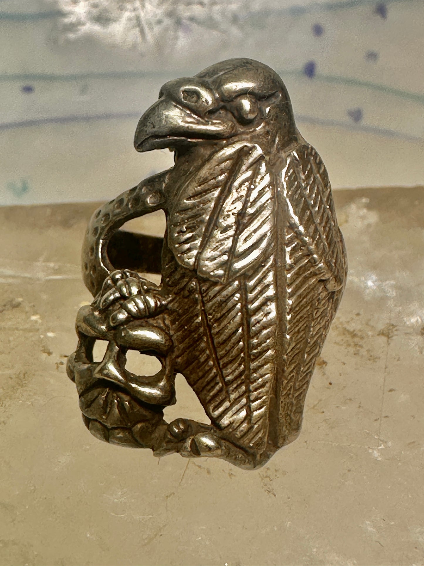 Bird ring Raven skull band size 9 sterling silver women men