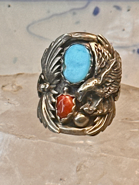 Eagle ring Navajo turquoise coral  size 8 Sterling silver women men
