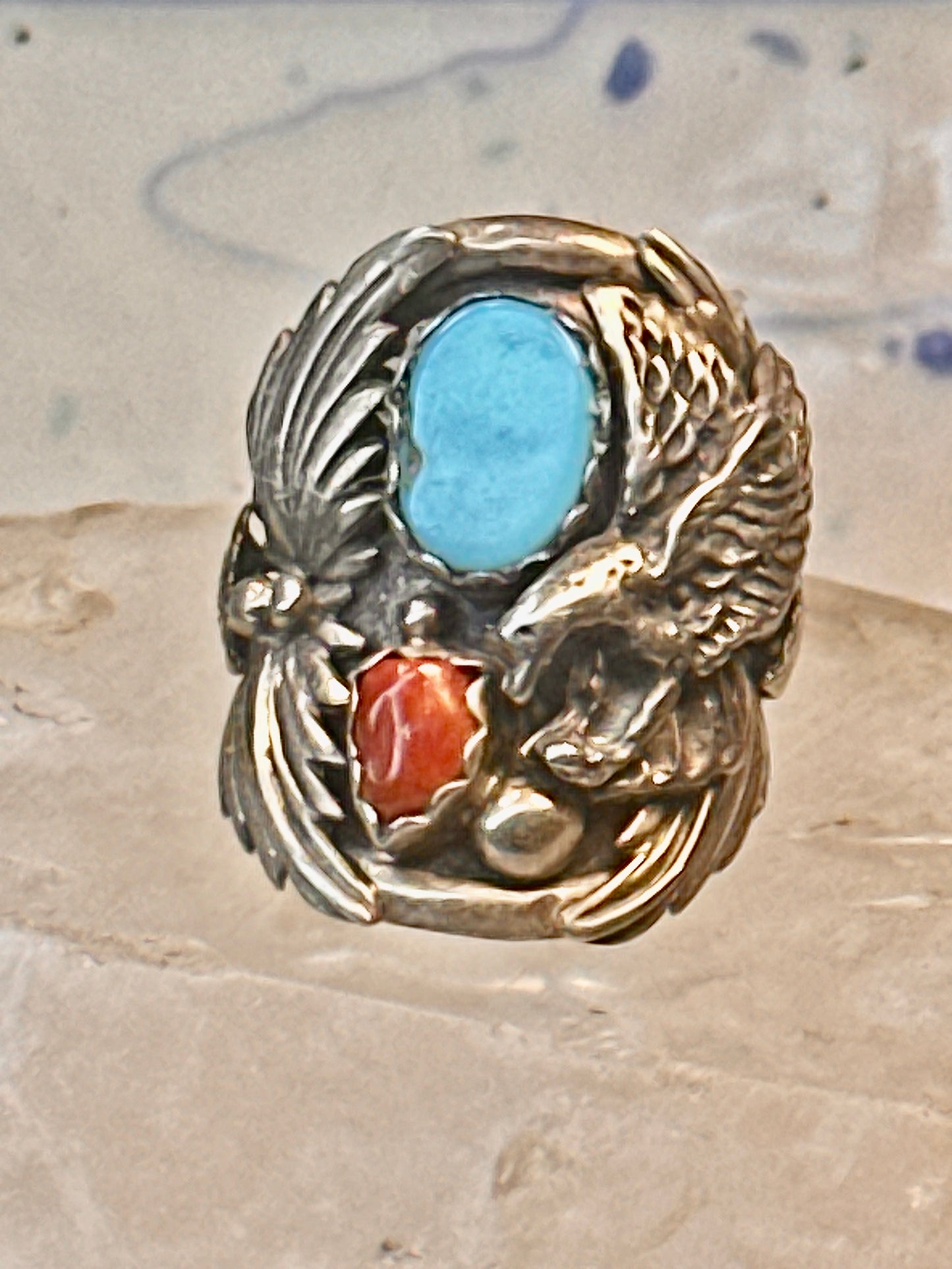 Eagle ring Navajo turquoise coral  size 8 Sterling silver women men
