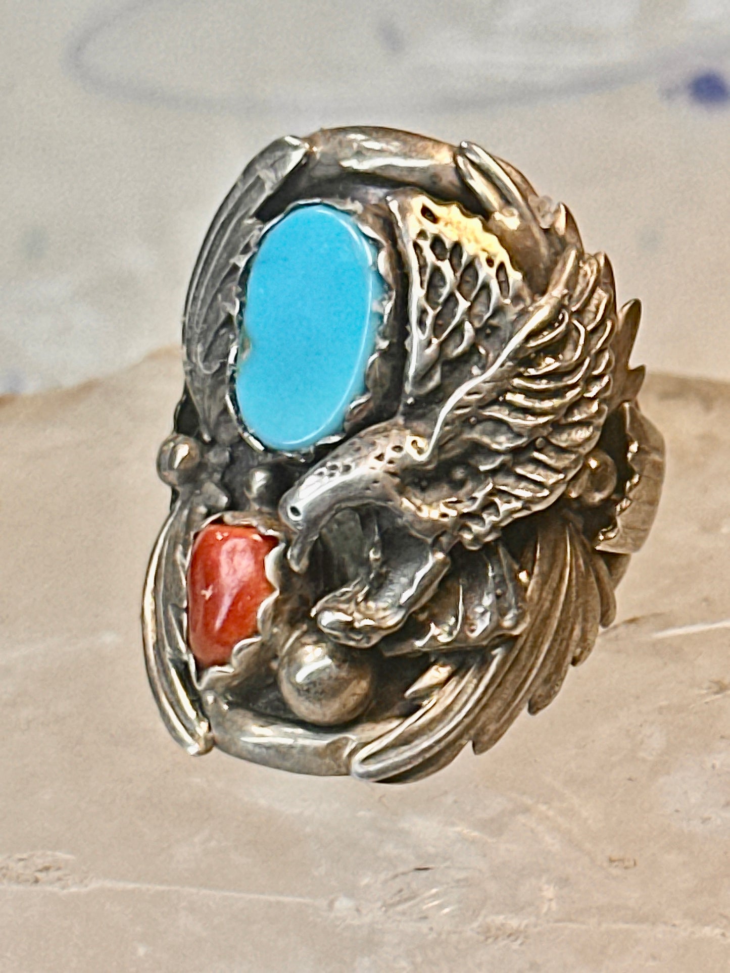 Eagle ring Navajo turquoise coral  size 8 Sterling silver women men