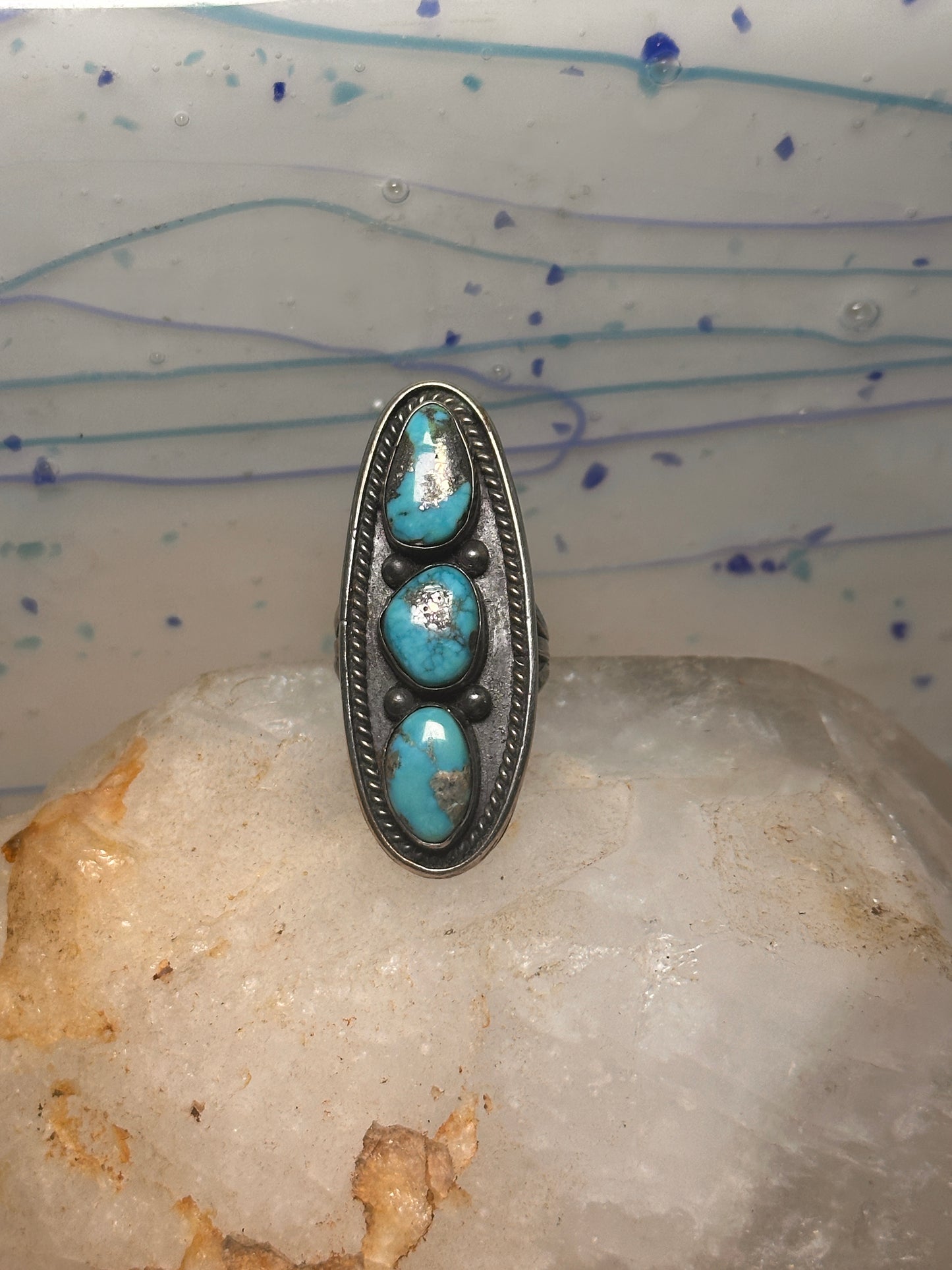 Long turquoise ring Navajo Size 5.5 sterling silver women