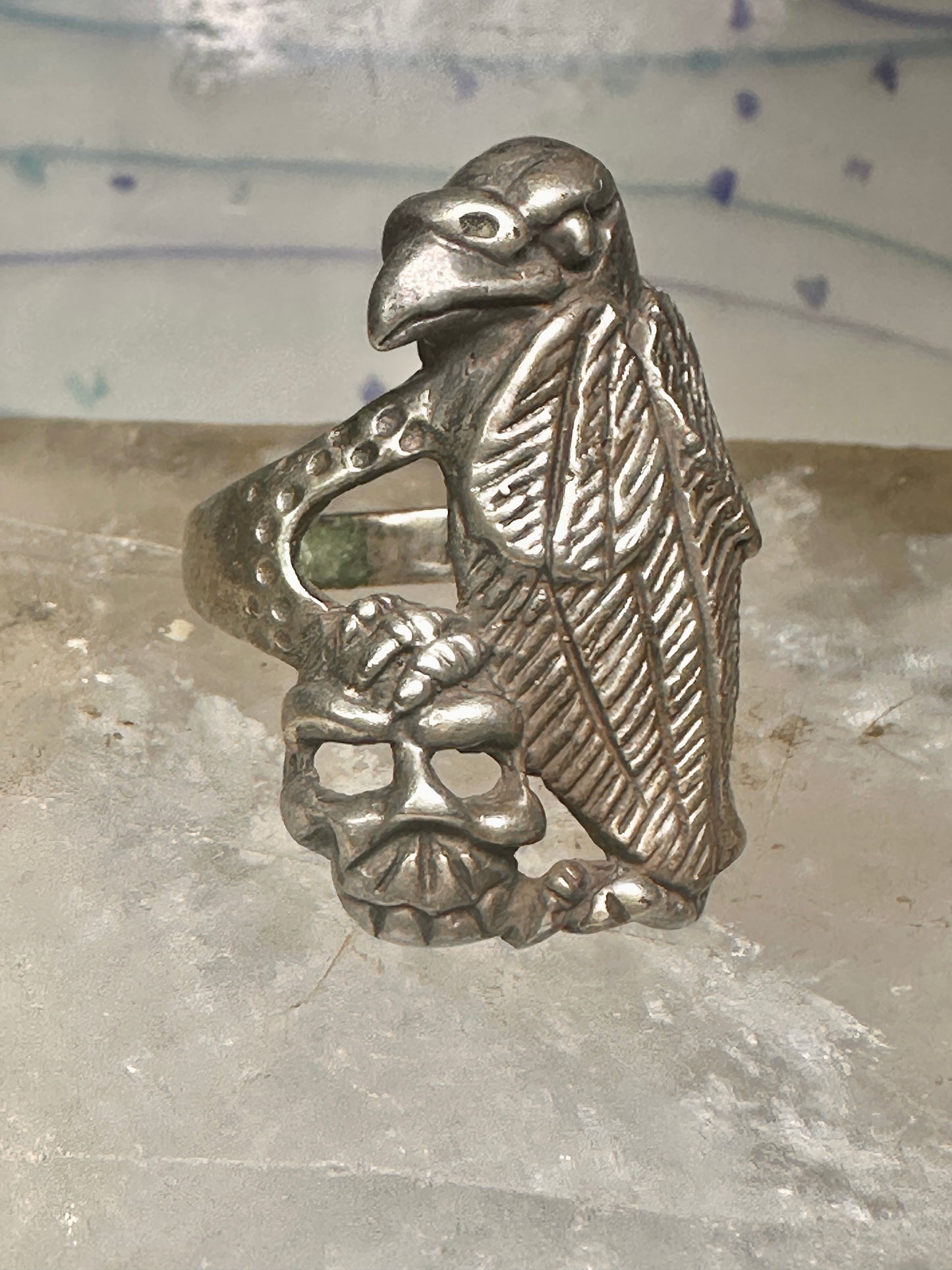 Bird ring Raven skull band size 9 sterling silver women men
