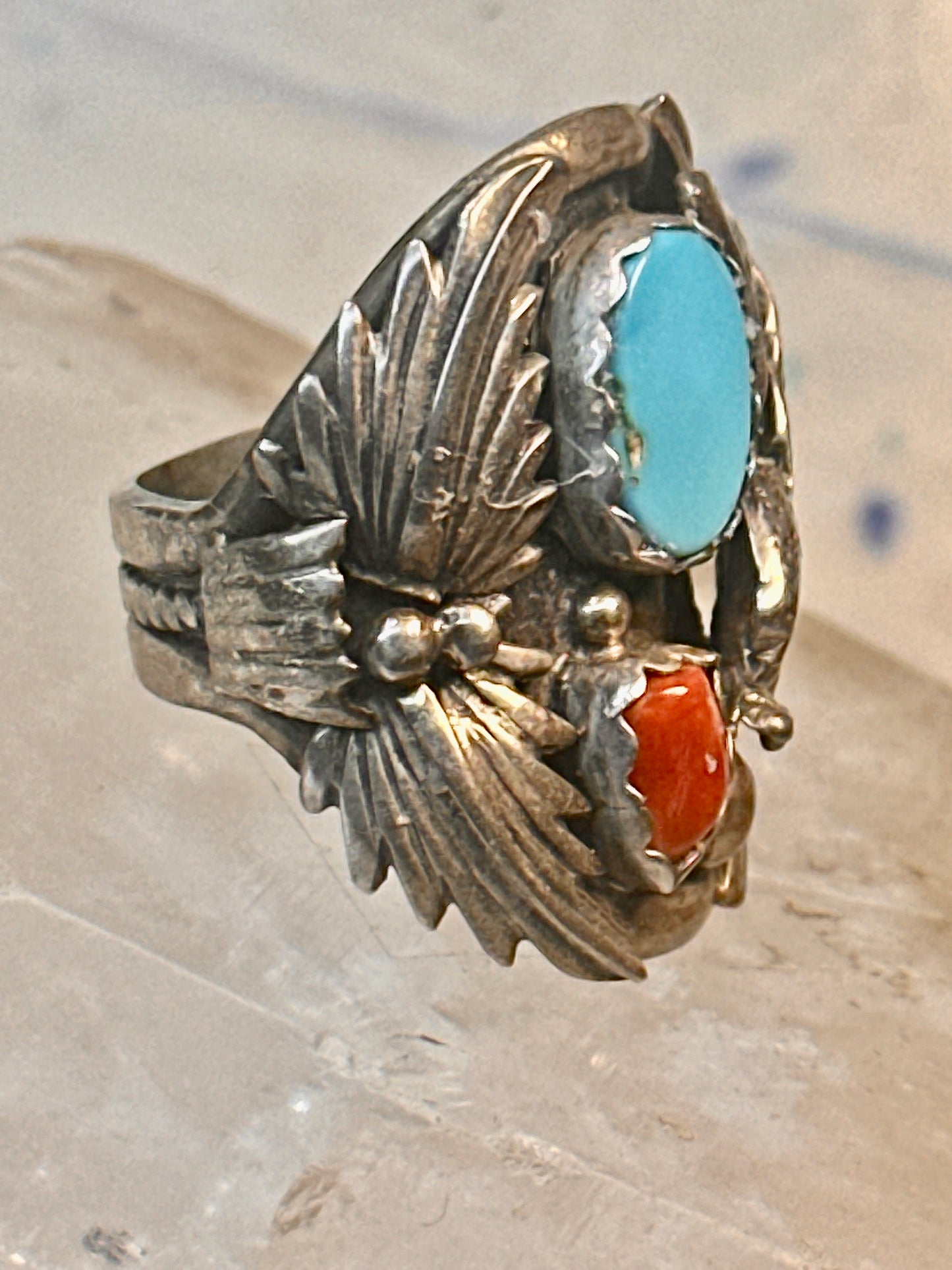 Eagle ring Navajo turquoise coral  size 8 Sterling silver women men