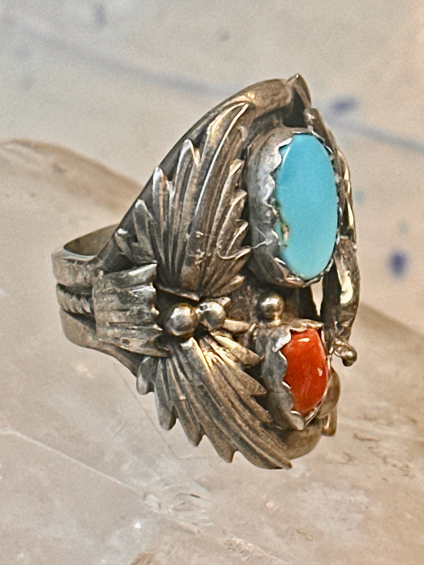 Eagle ring Navajo turquoise coral  size 8 Sterling silver women men