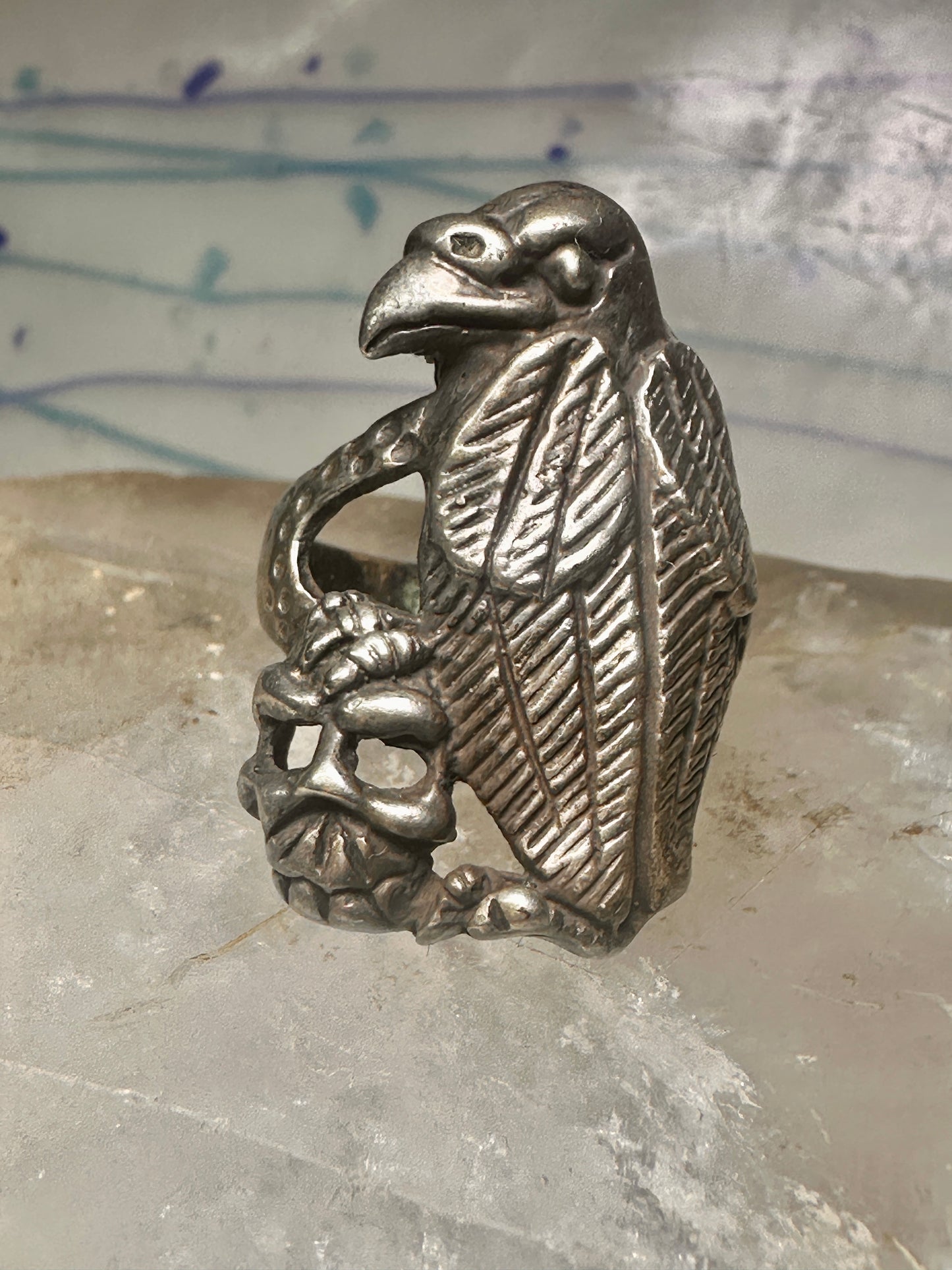 Bird ring Raven skull band size 9 sterling silver women men