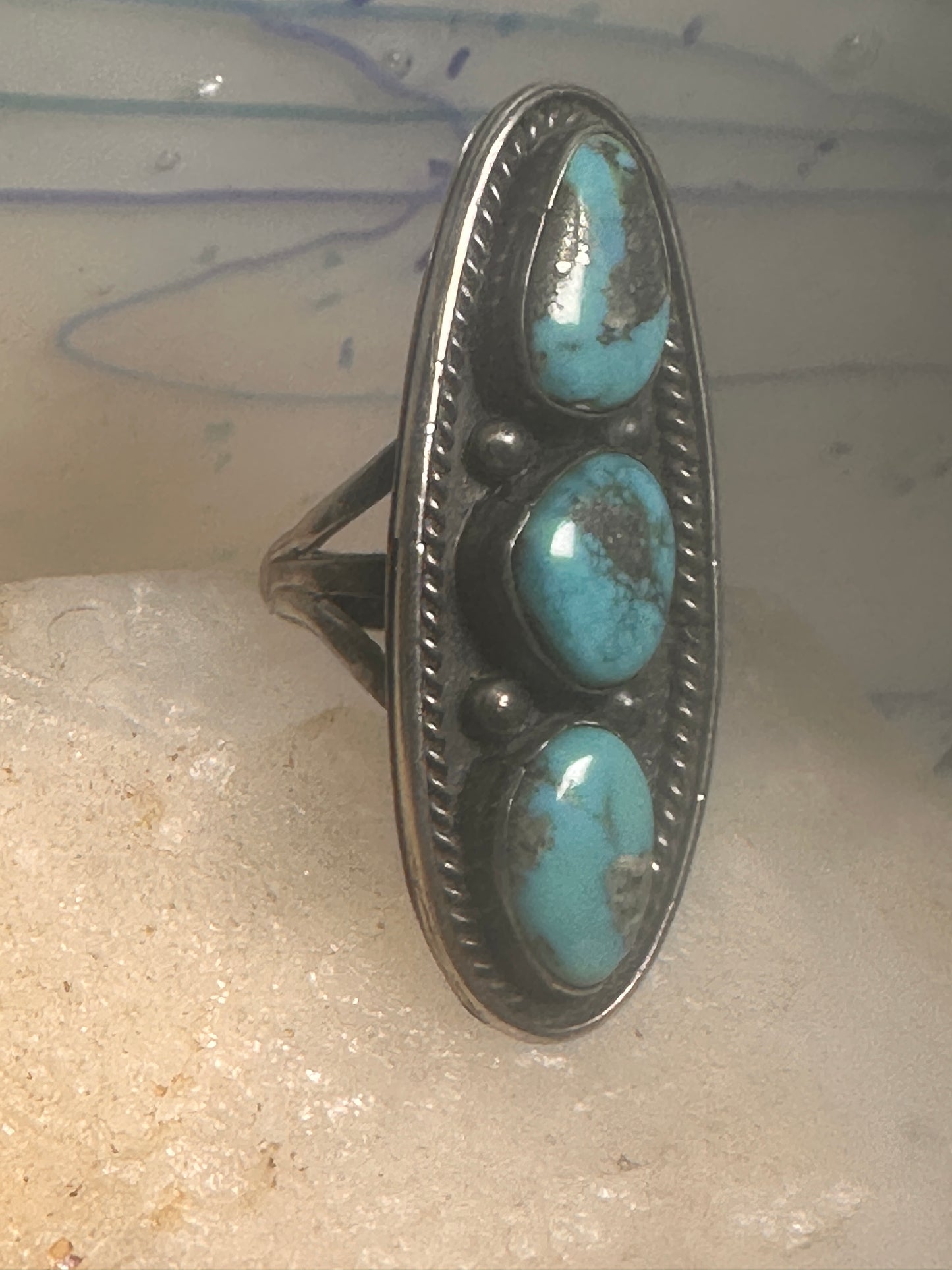 Long turquoise ring Navajo Size 5.5 sterling silver women