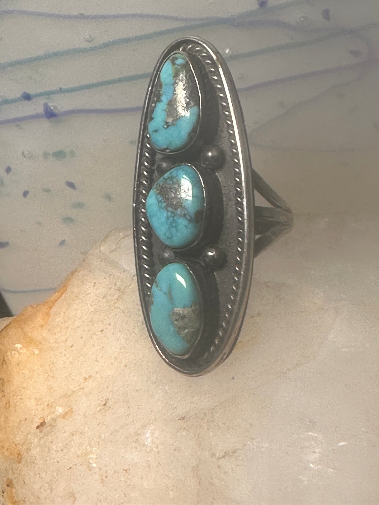 Long turquoise ring Navajo Size 5.5 sterling silver women