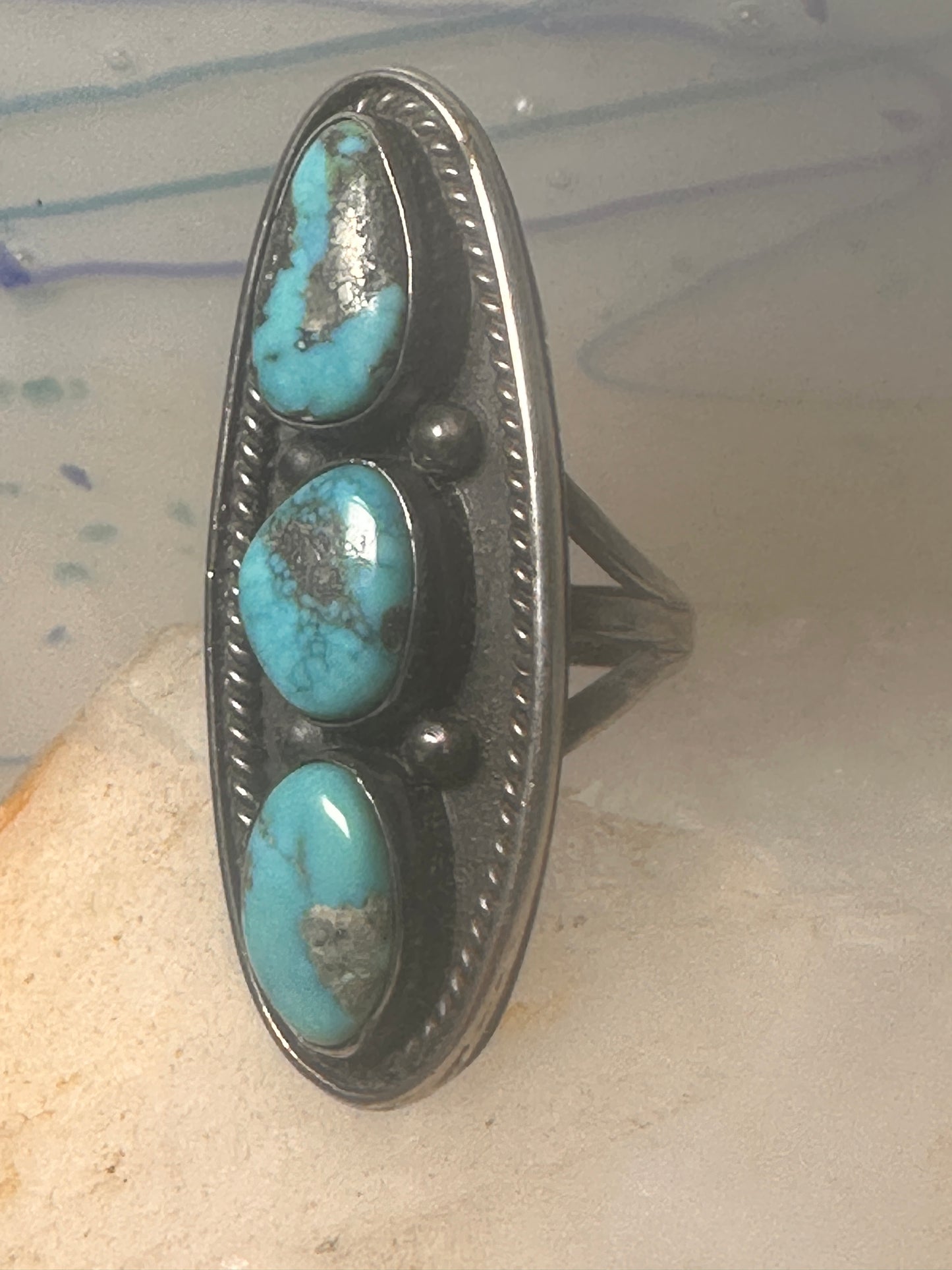 Long turquoise ring Navajo Size 5.5 sterling silver women