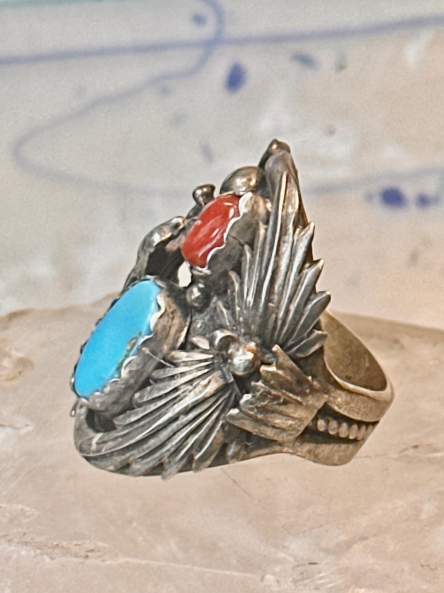 Eagle ring Navajo turquoise coral  size 8 Sterling silver women men