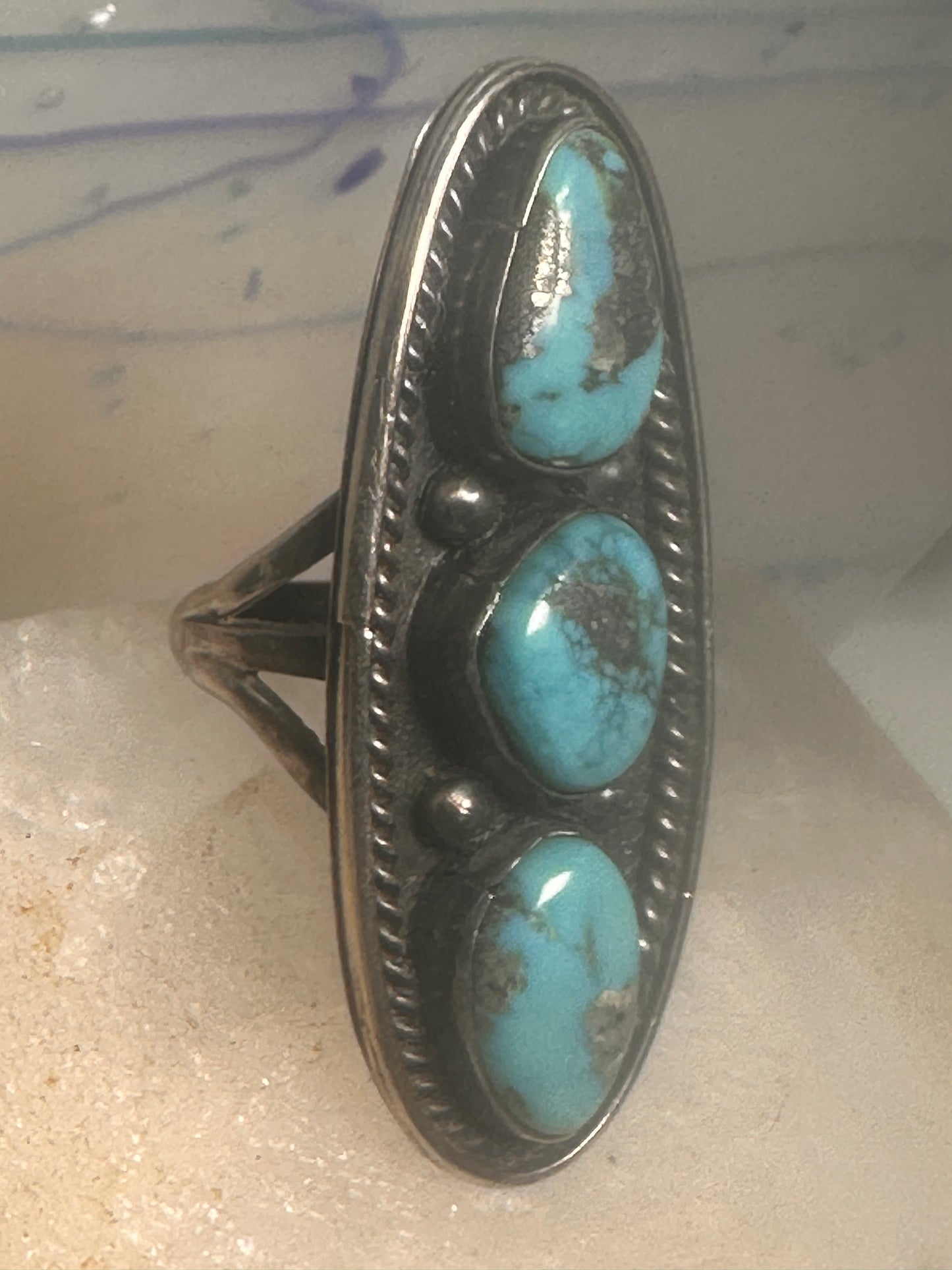 Long turquoise ring Navajo Size 5.5 sterling silver women