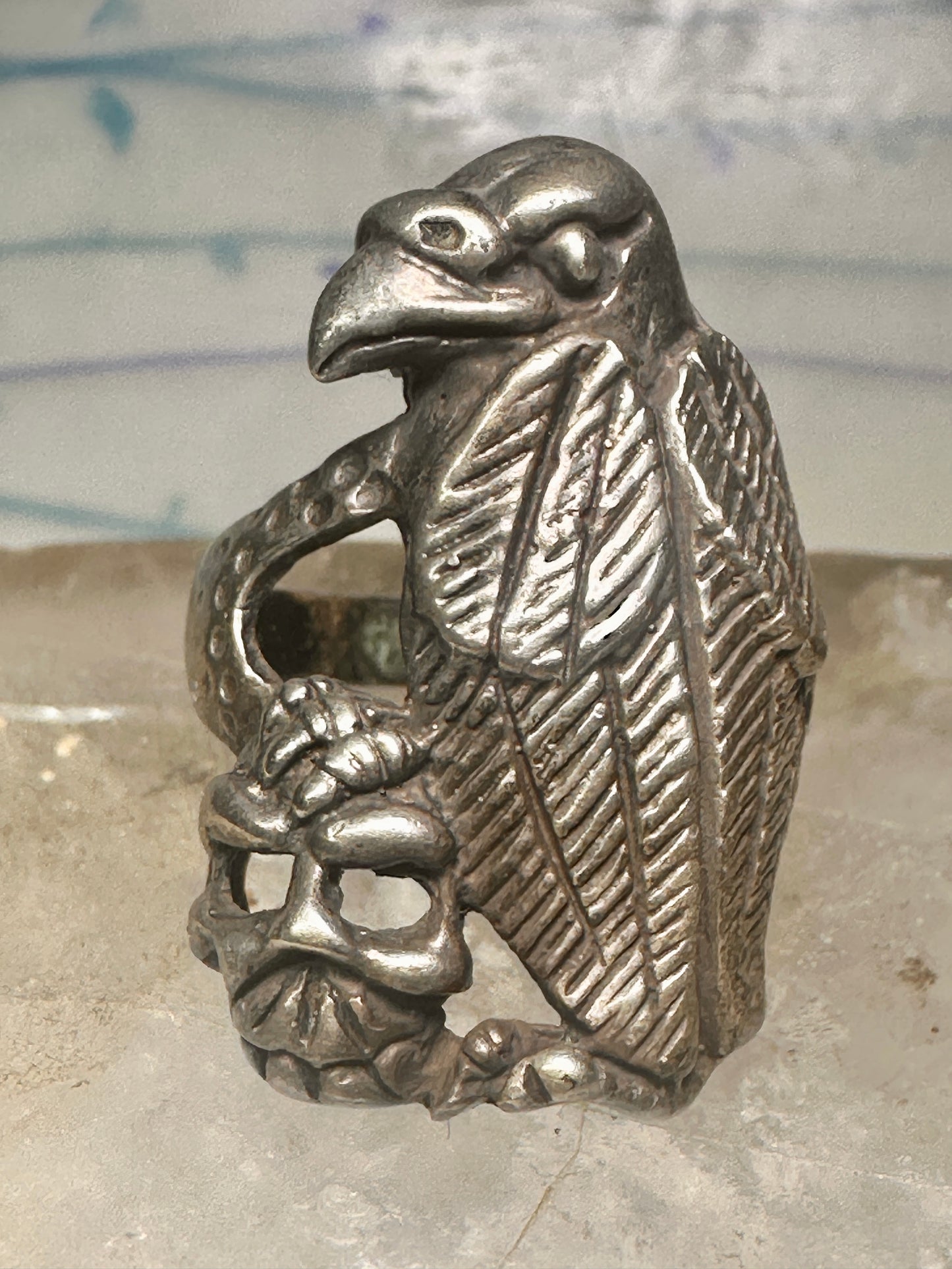 Bird ring Raven skull band size 9 sterling silver women men