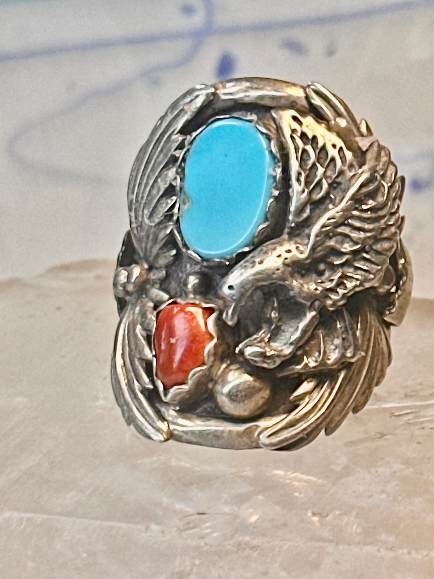 Eagle ring Navajo turquoise coral  size 8 Sterling silver women men
