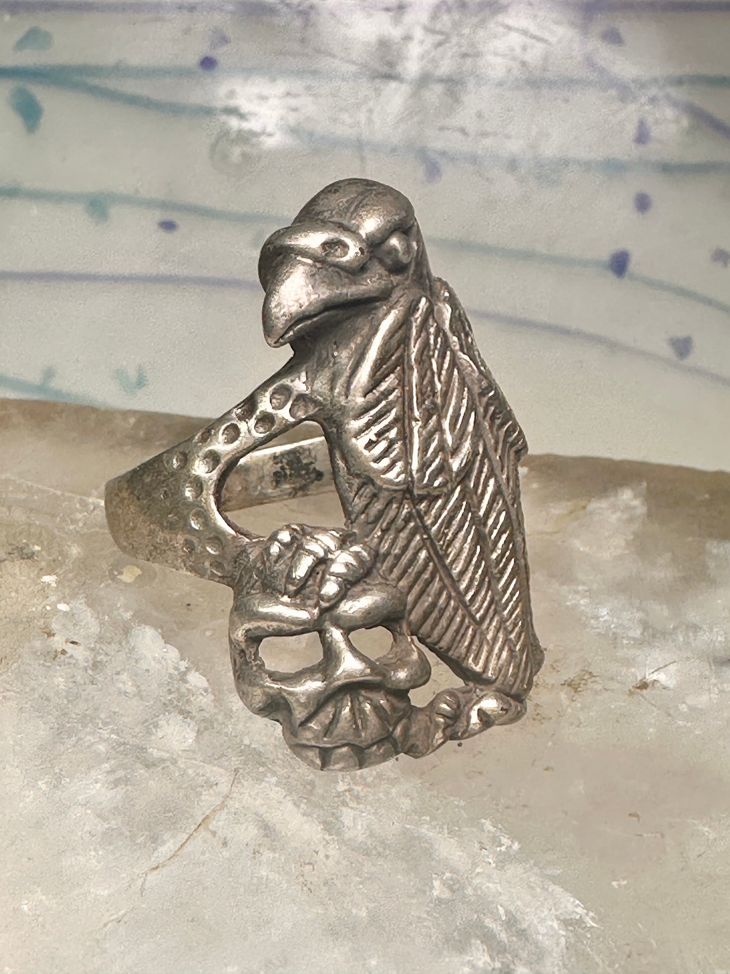 Bird ring Raven skull band size 9 sterling silver women men
