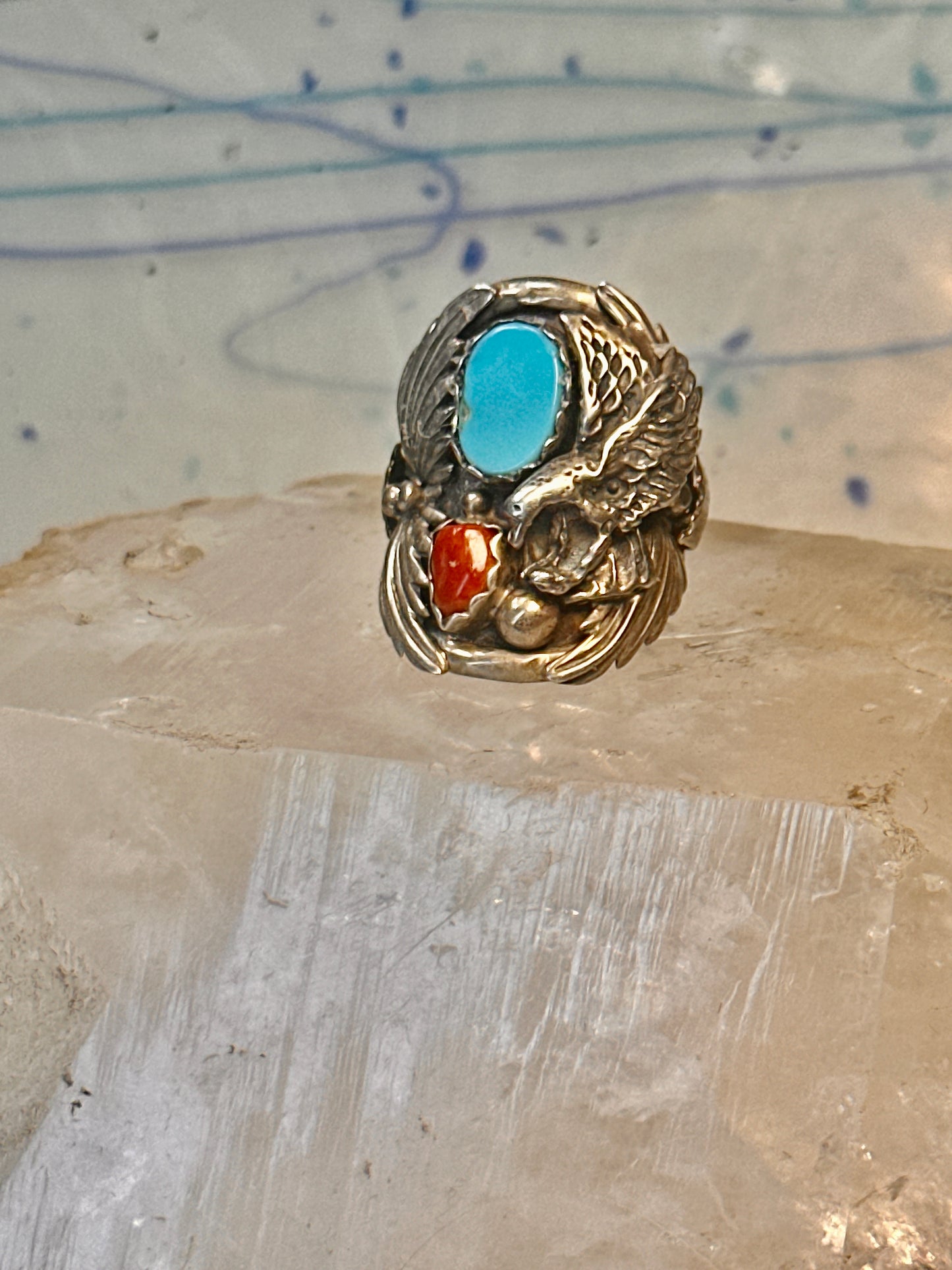 Eagle ring Navajo turquoise coral  size 8 Sterling silver women men