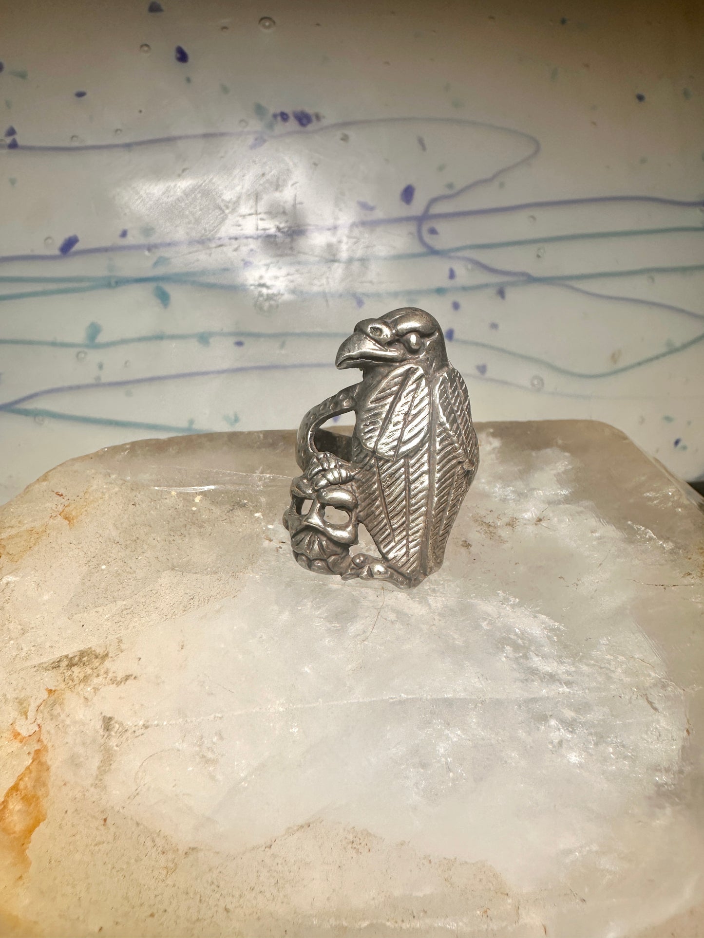 Bird ring Raven skull band size 9 sterling silver women men
