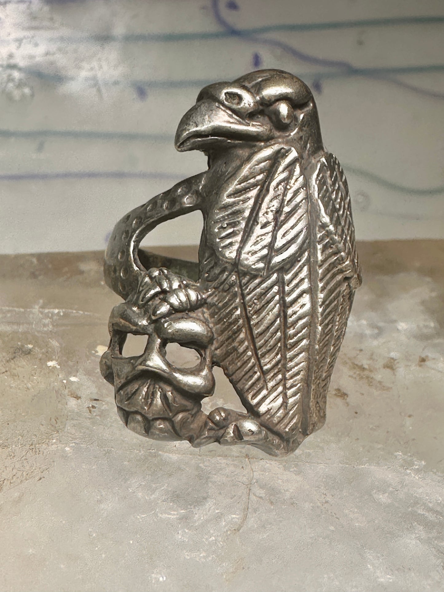 Bird ring Raven skull band size 9 sterling silver women men