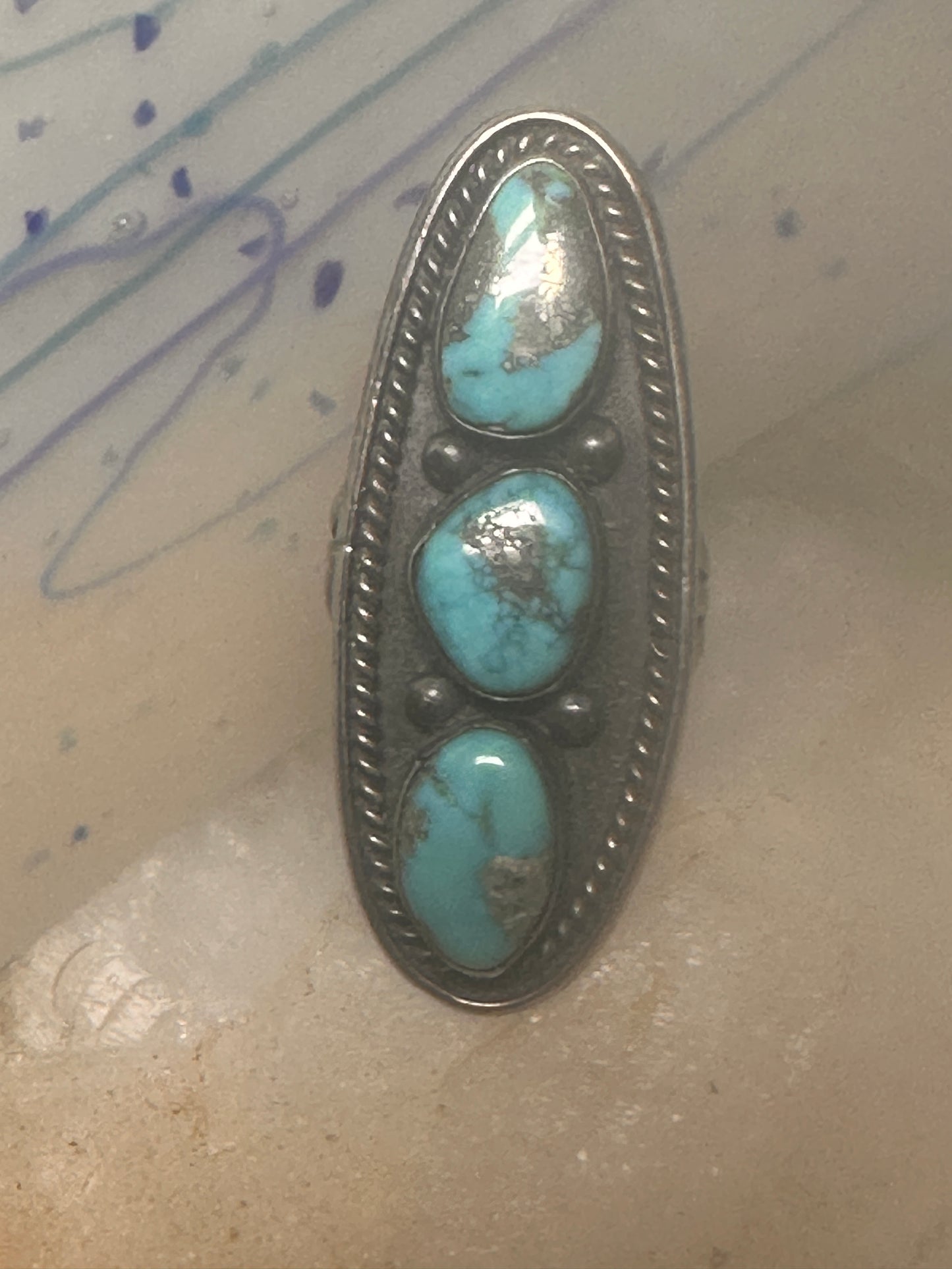 Long turquoise ring Navajo Size 5.5 sterling silver women