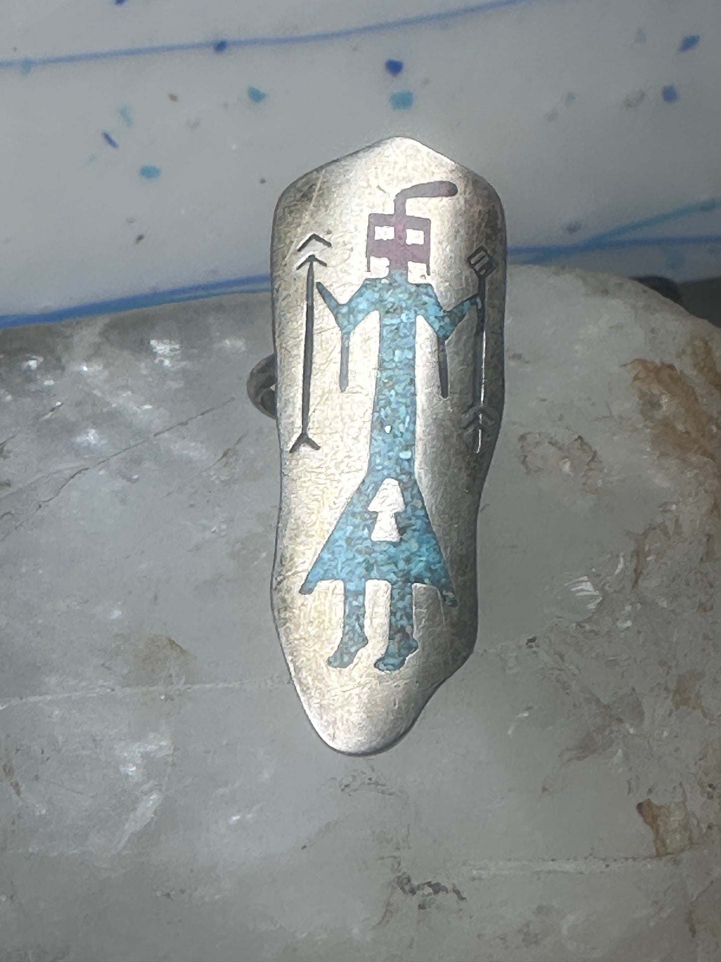 Long Kachina ring Navajo 6.75 turquoise coral chip shield sterling silver women