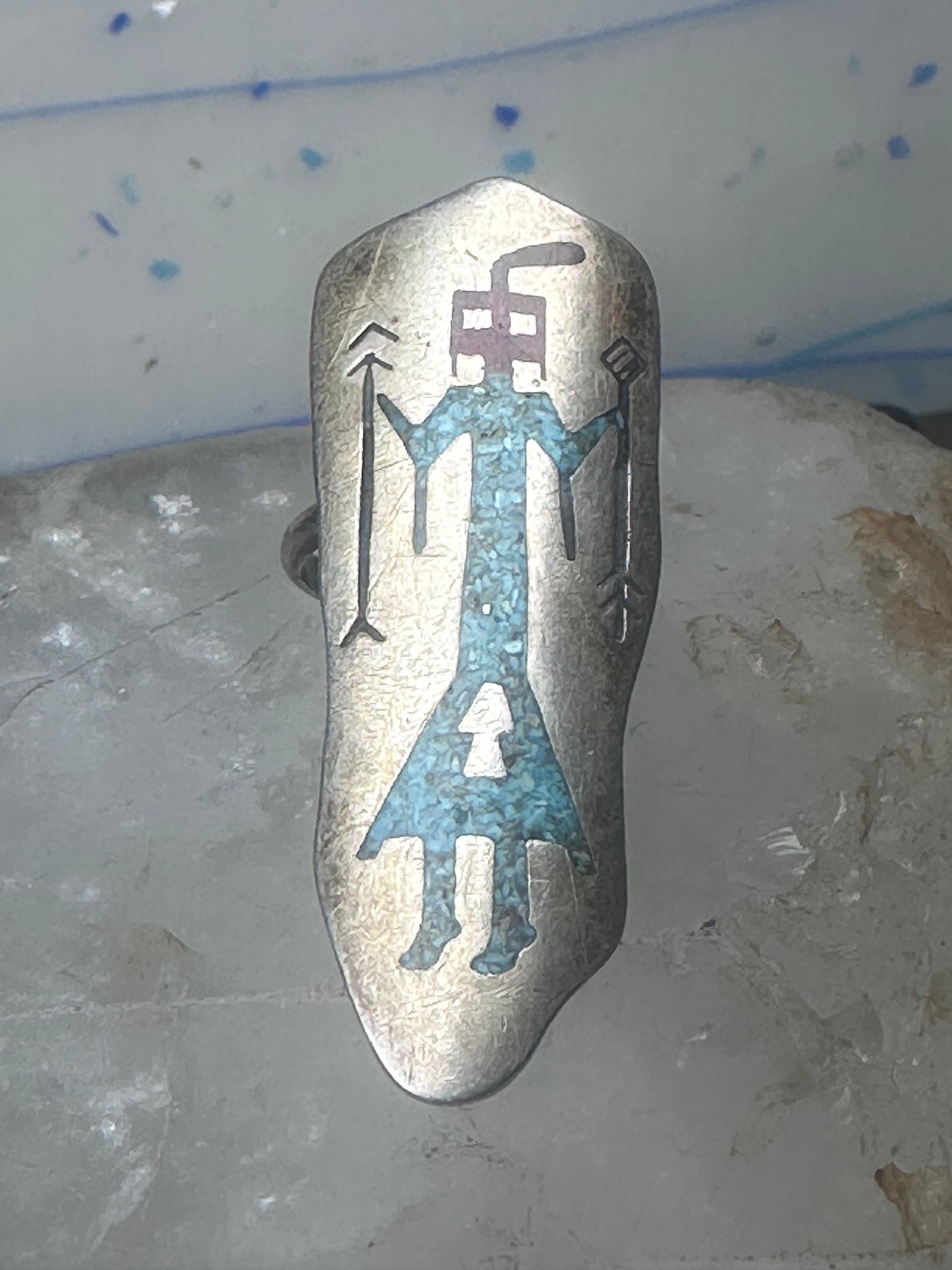 Long Kachina ring Navajo 6.75 turquoise coral chip shield sterling silver women
