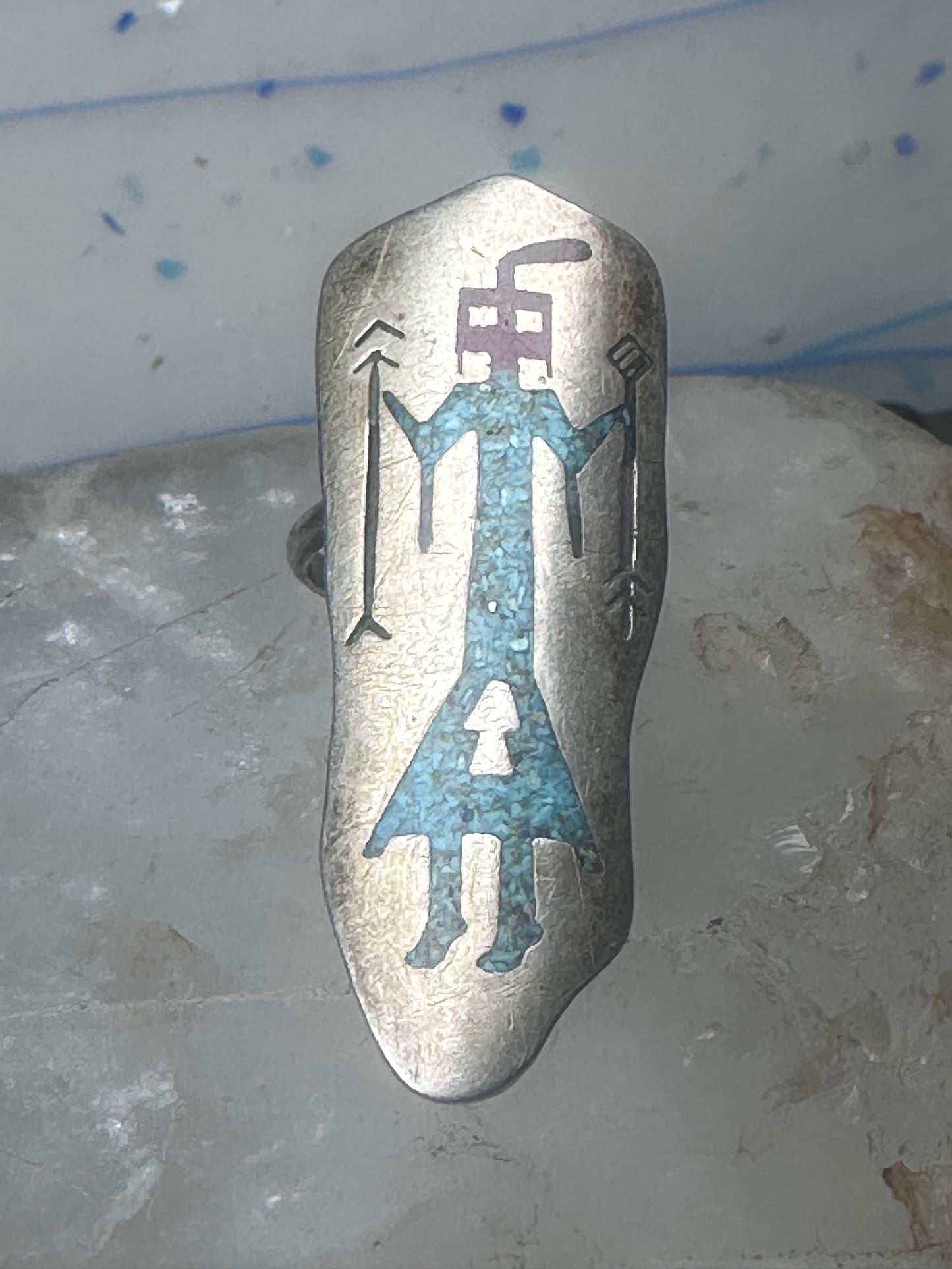 Long Kachina ring Navajo 6.75 turquoise coral chip shield sterling silver women