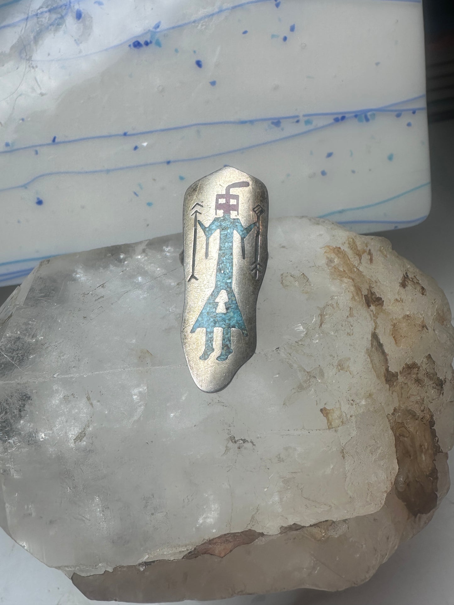 Long Kachina ring Navajo 6.75 turquoise coral chip shield sterling silver women