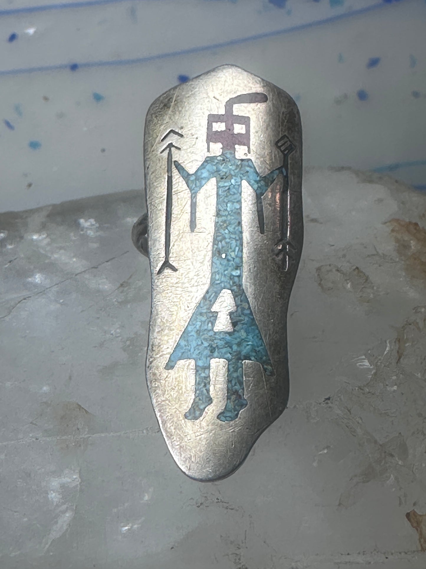 Long Kachina ring Navajo 6.75 turquoise coral chip shield sterling silver women