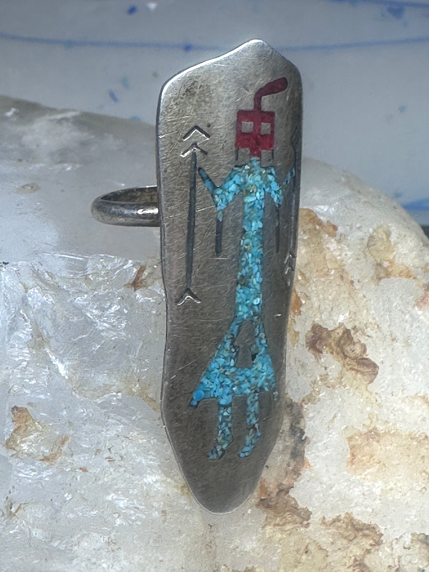 Long Kachina ring Navajo 6.75 turquoise coral chip shield sterling silver women