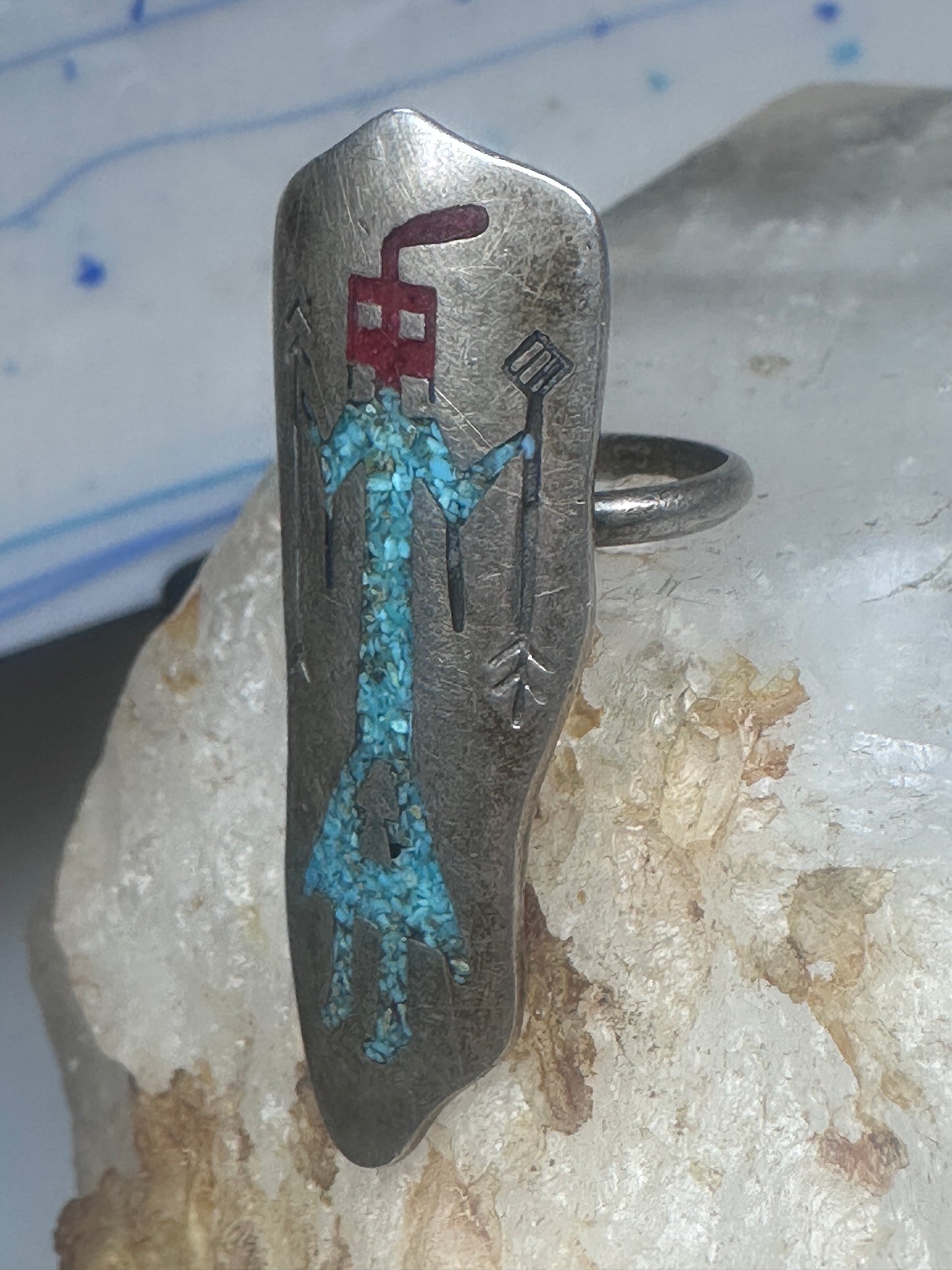 Long Kachina ring Navajo 6.75 turquoise coral chip shield sterling silver women