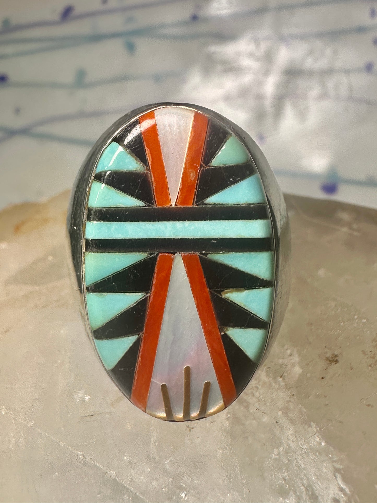 Zuni ring turquoise coral MOP onyx size 9.75 sterling silver women men
