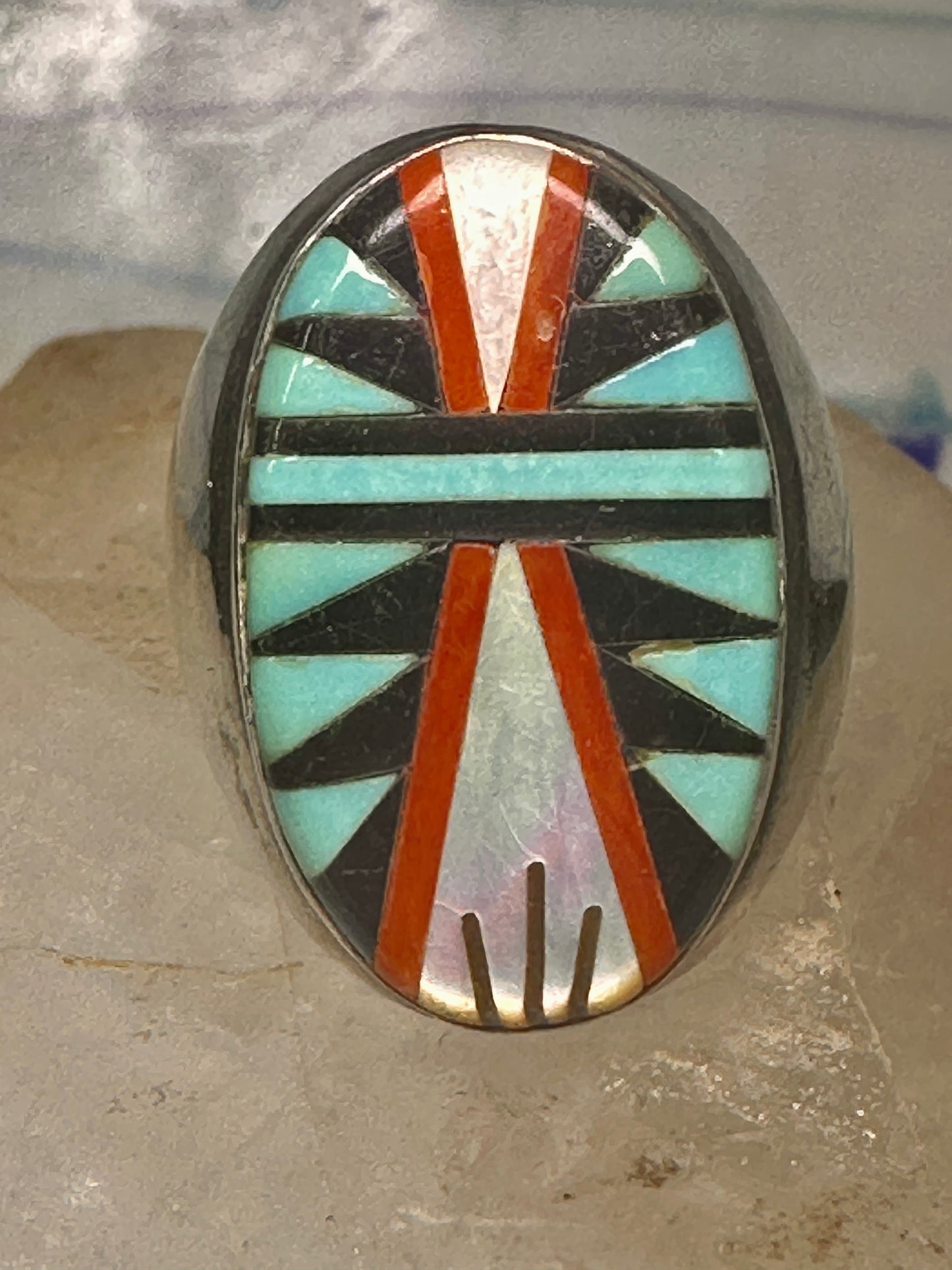 Zuni ring turquoise coral MOP onyx size 9.75 sterling silver women men